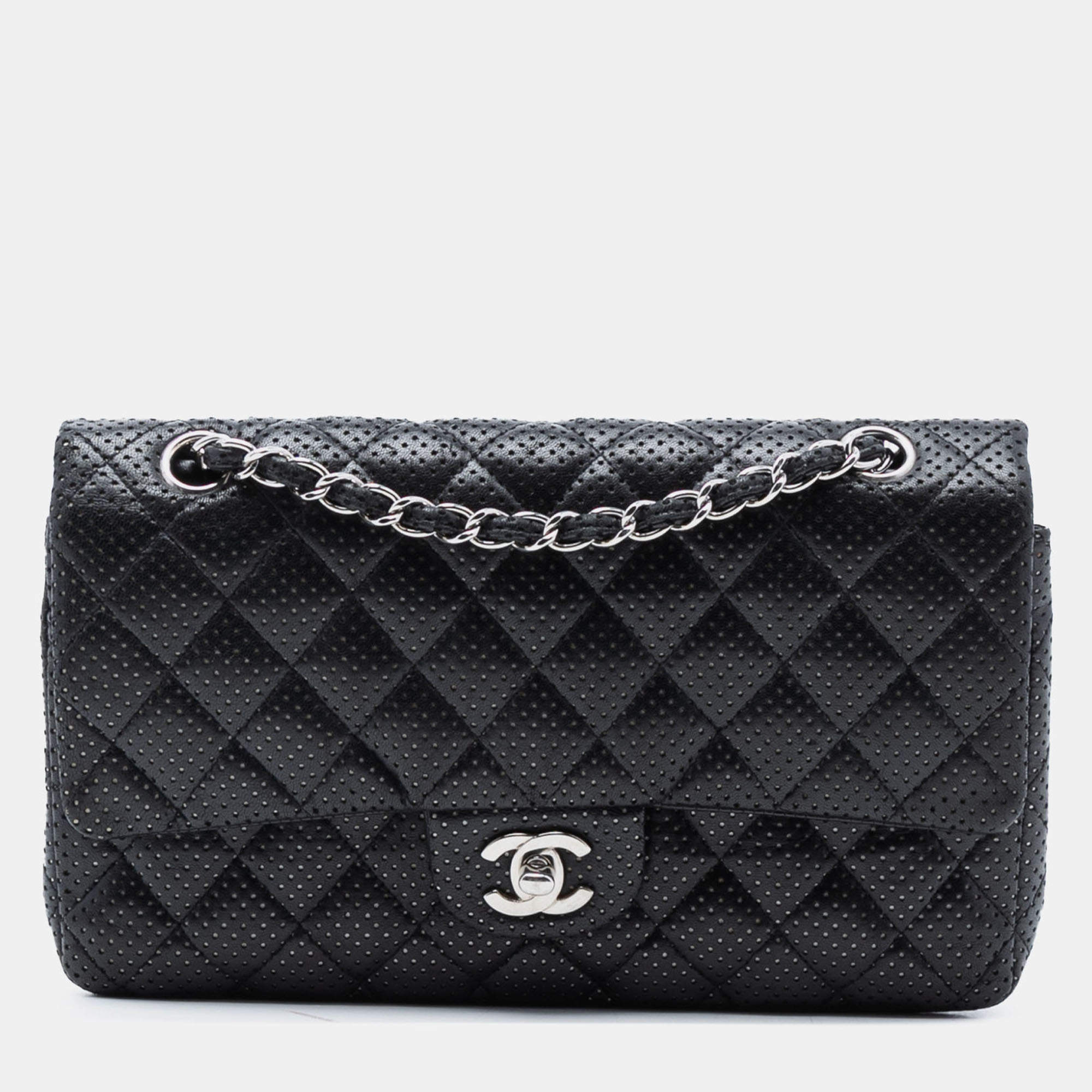 Pre Owned Chanel Black Medium Classic Perforated Lambskin Double Flap