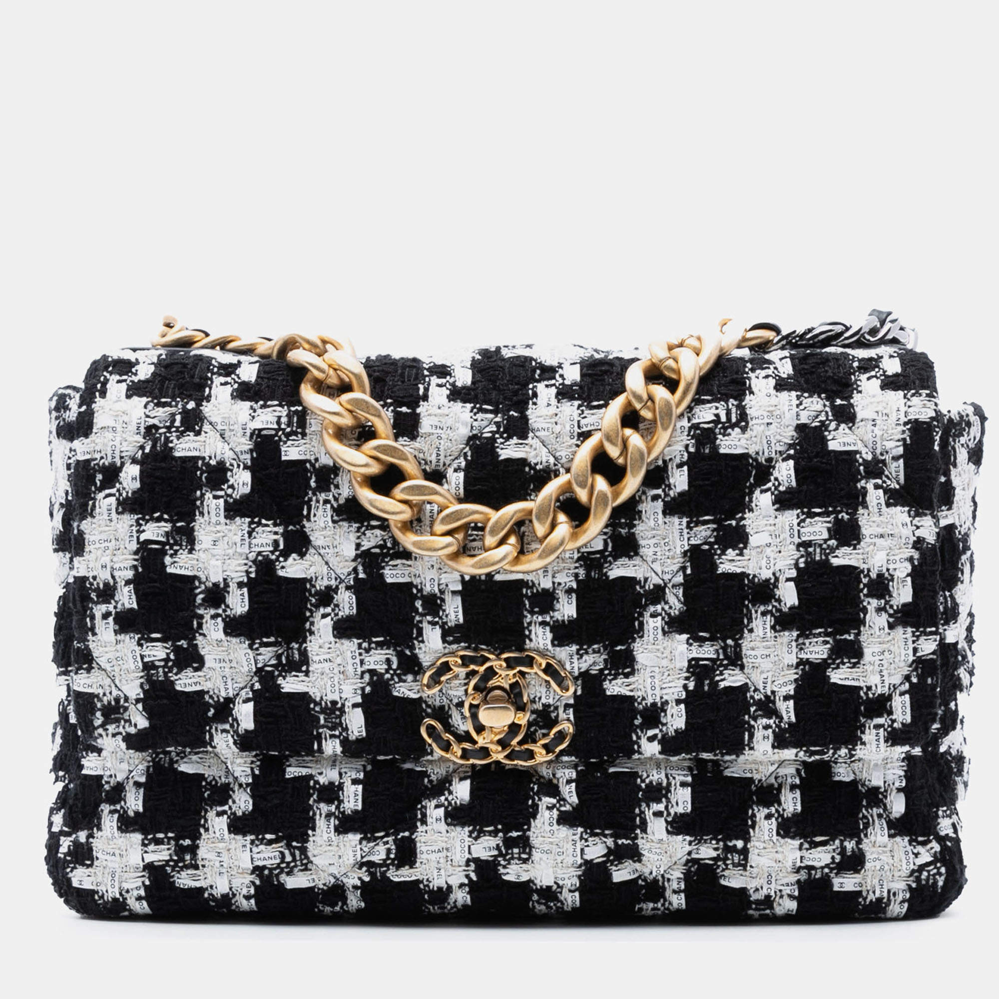 Pre Owned Chanel Black White Large Houndstooth Tweed 19 Flap