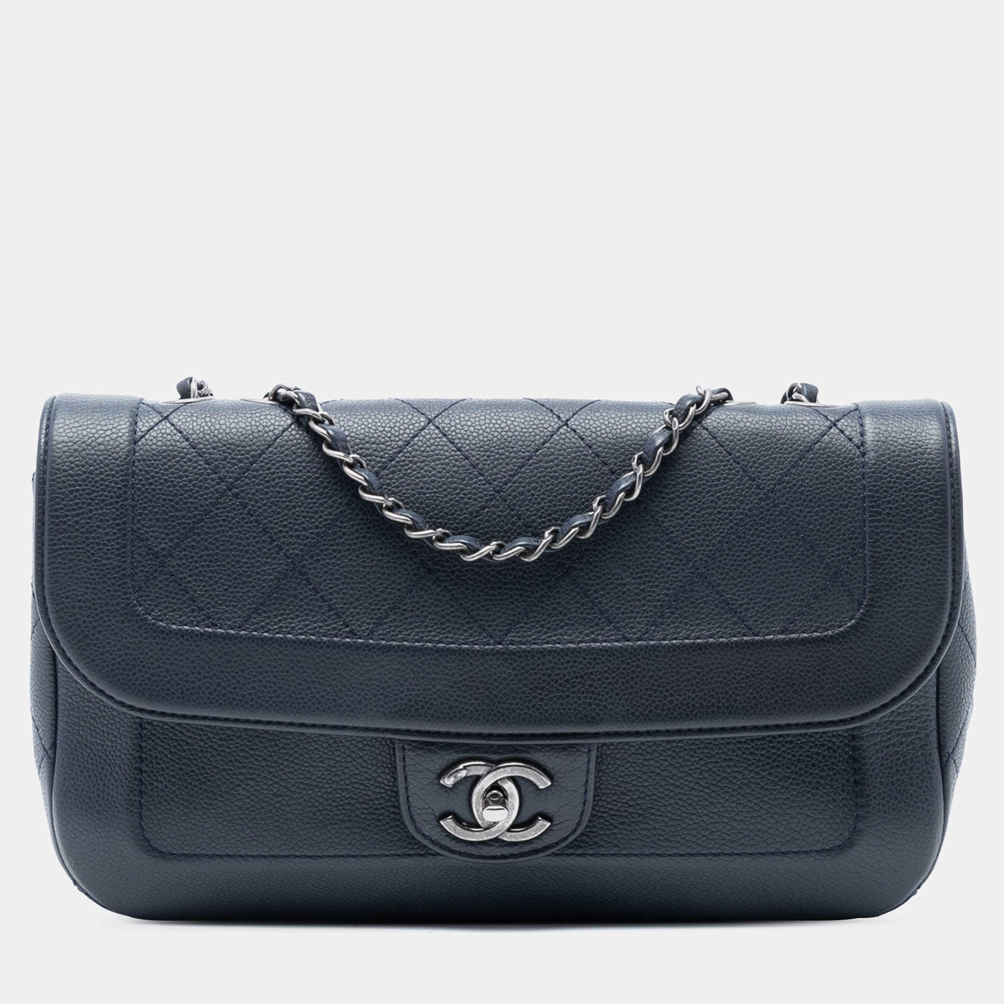 Pre Owned Chanel Blue CC Diamond Stitch Caviar Flap