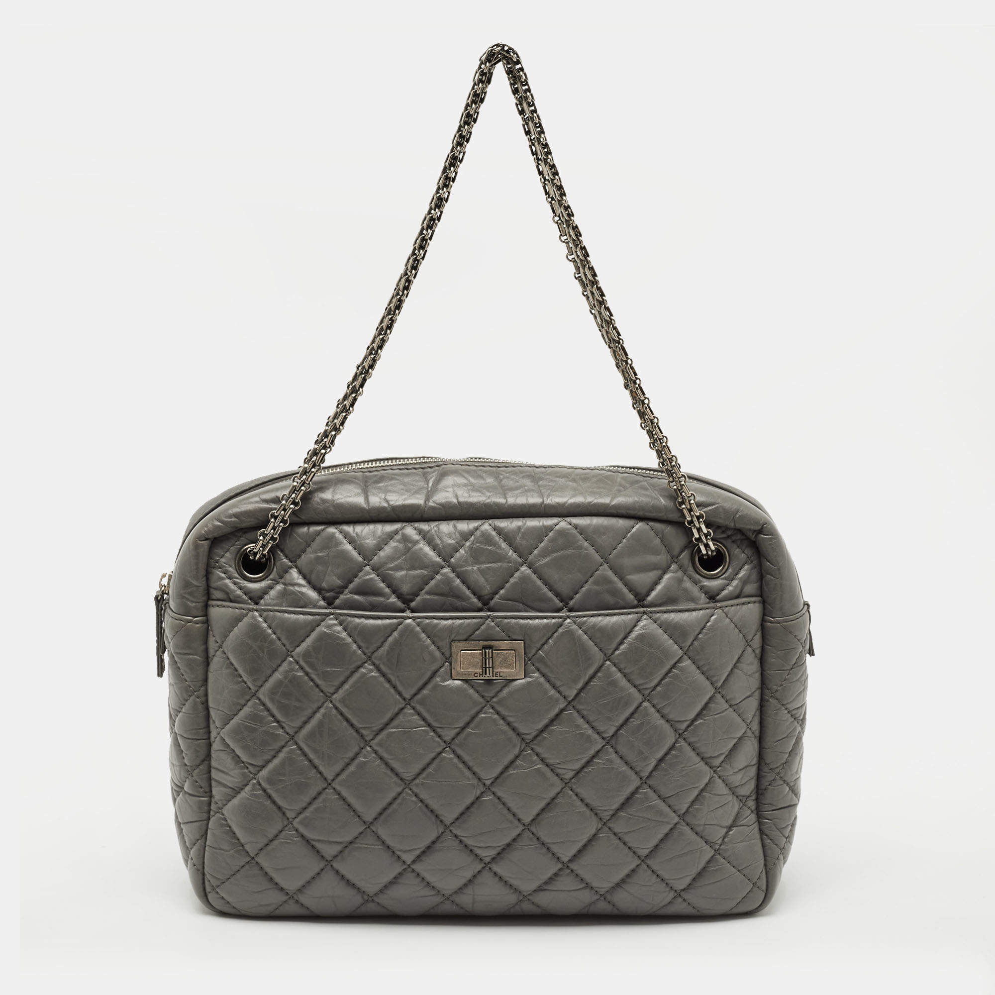 Pre Owned Chanel Reissue Camera Large Grey Quilted Aged Leather Shoulder Bag
