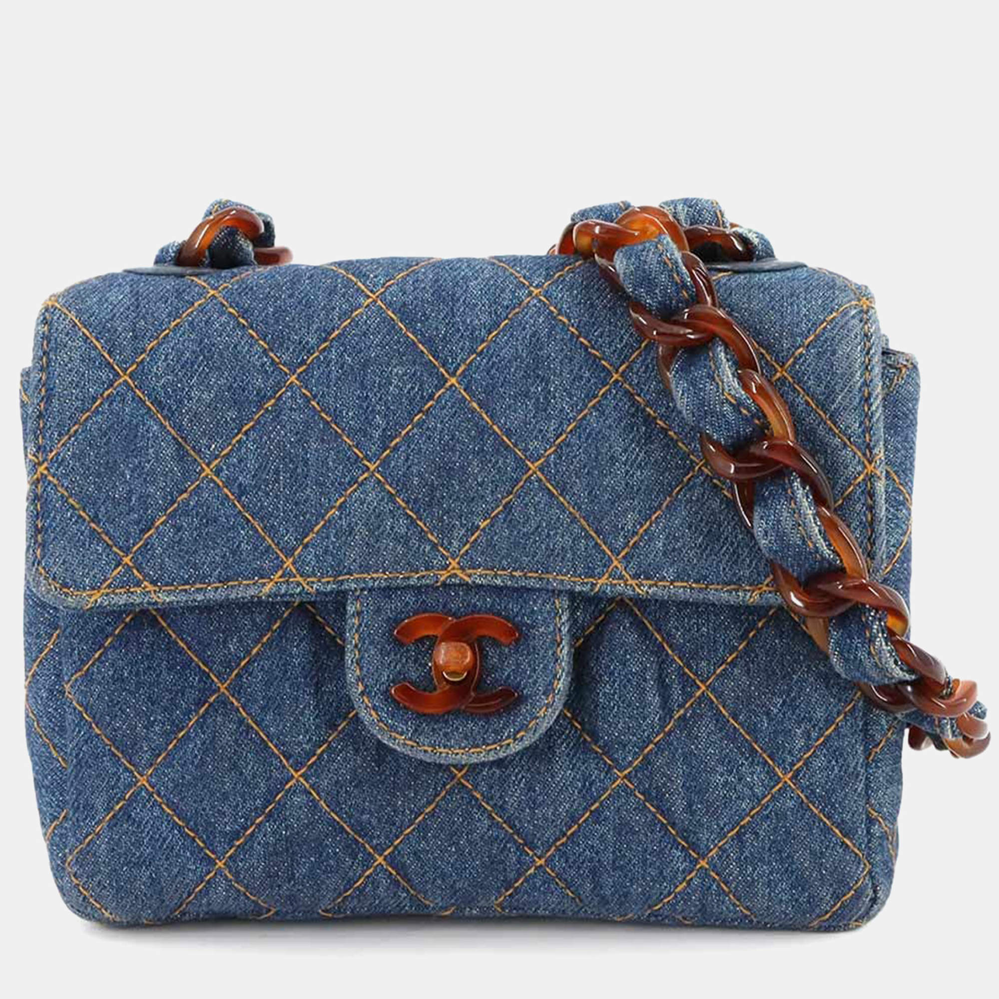 مملوكة مسبقًا Chanel Square Classic Single Flap Blue Quilted Denim Tortoiseshell Bakelite Shoulder Bag
