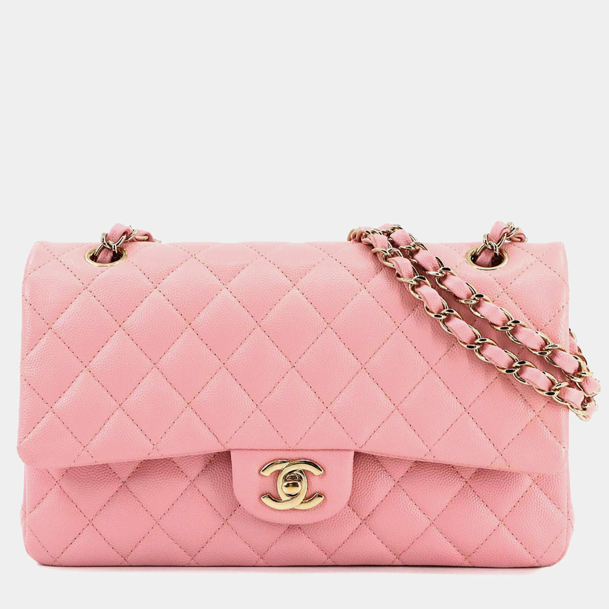 Pre Owned Chanel Classic Double Flap Pink Caviar Leather Chain Shoulder Bag
