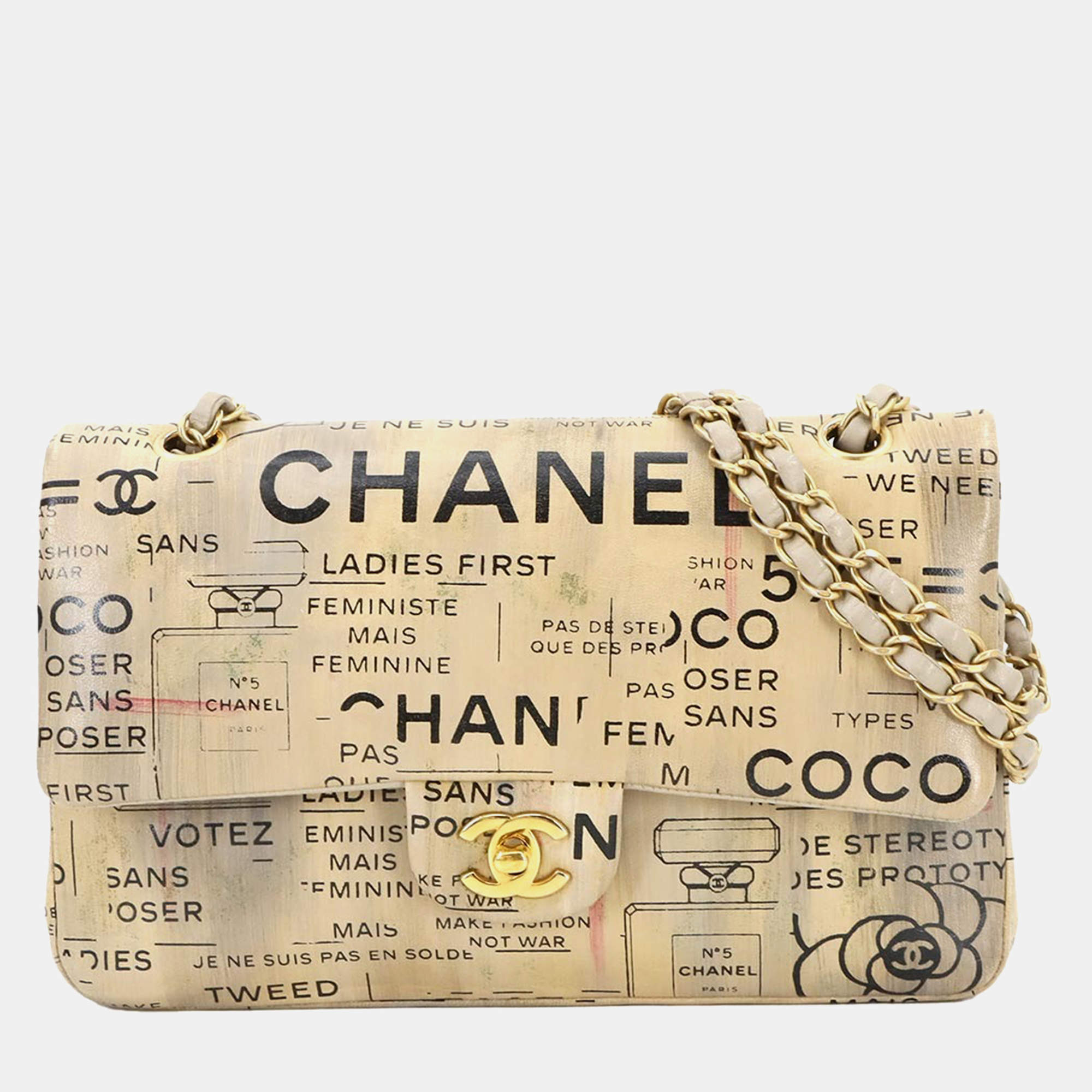 Pre Owned Chanel Newspaper Print Beige Leather Chain Shoulder Bag