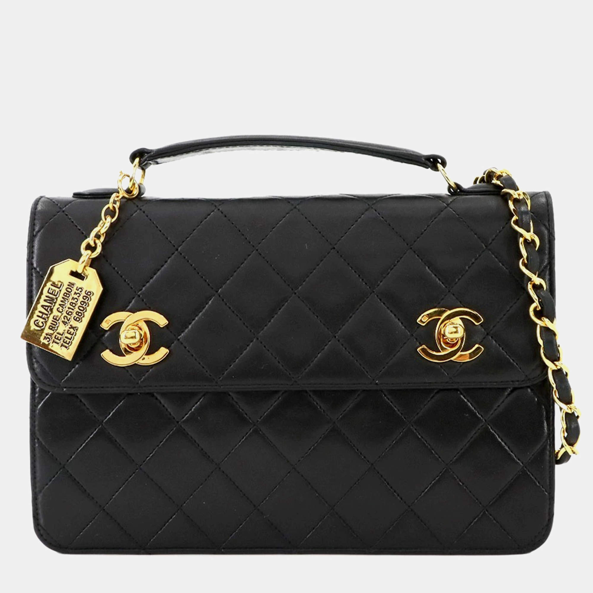 Pre Owned Chanel Double CC Turn Lock Cambon Charm Small Black Quilted Lambskin Shoulder Bag