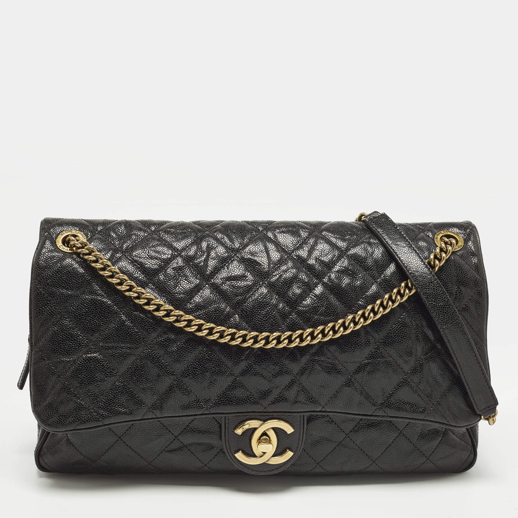 Pre Owned Chanel Easy Flap Black Quilted Caviar Aged Leather Bag