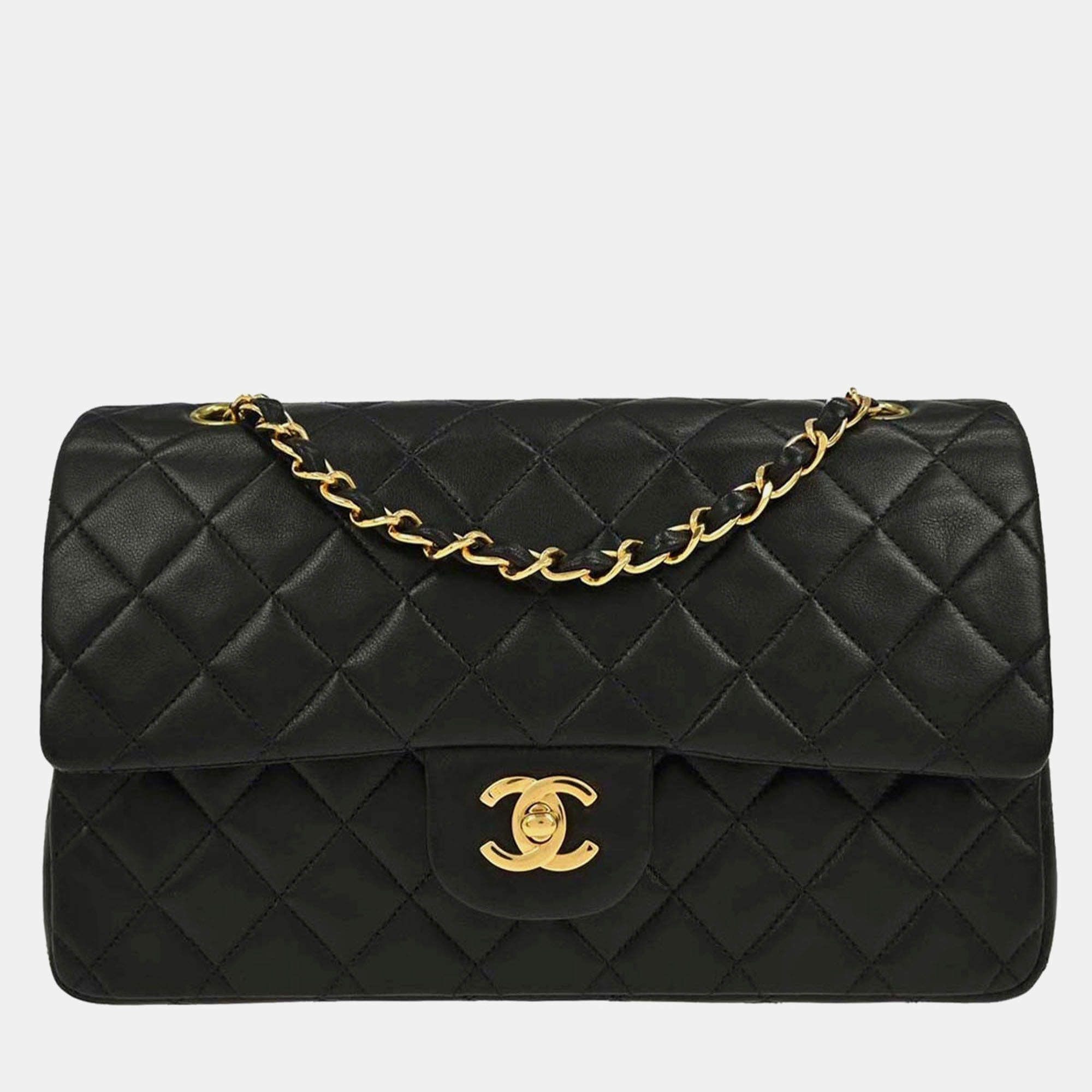 Pre Owned Chanel Black Lambskin Medium Classic Double Flap Shoulder Bag
