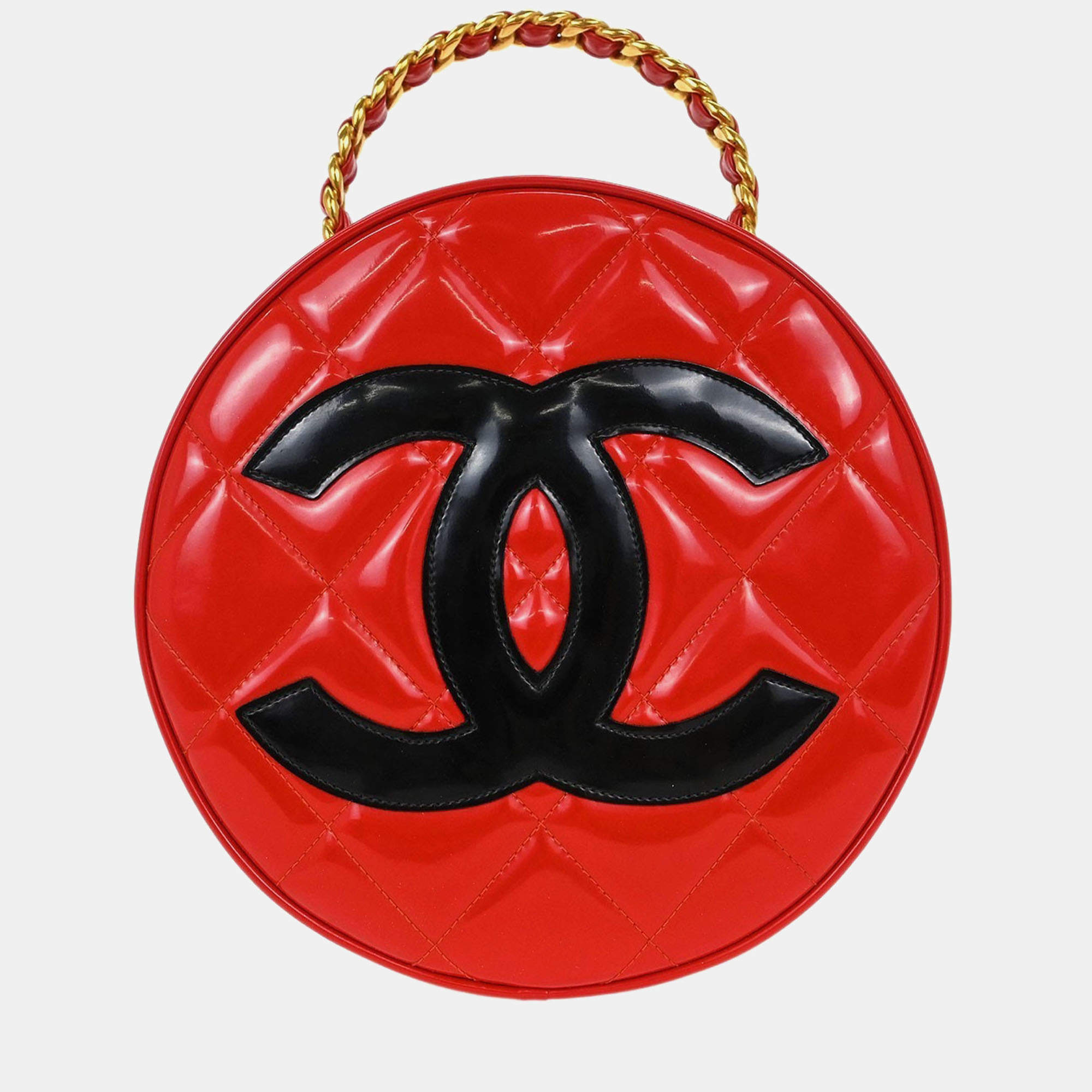 Pre Owned Chanel Red Patent Leather Round Vanity Handbag
