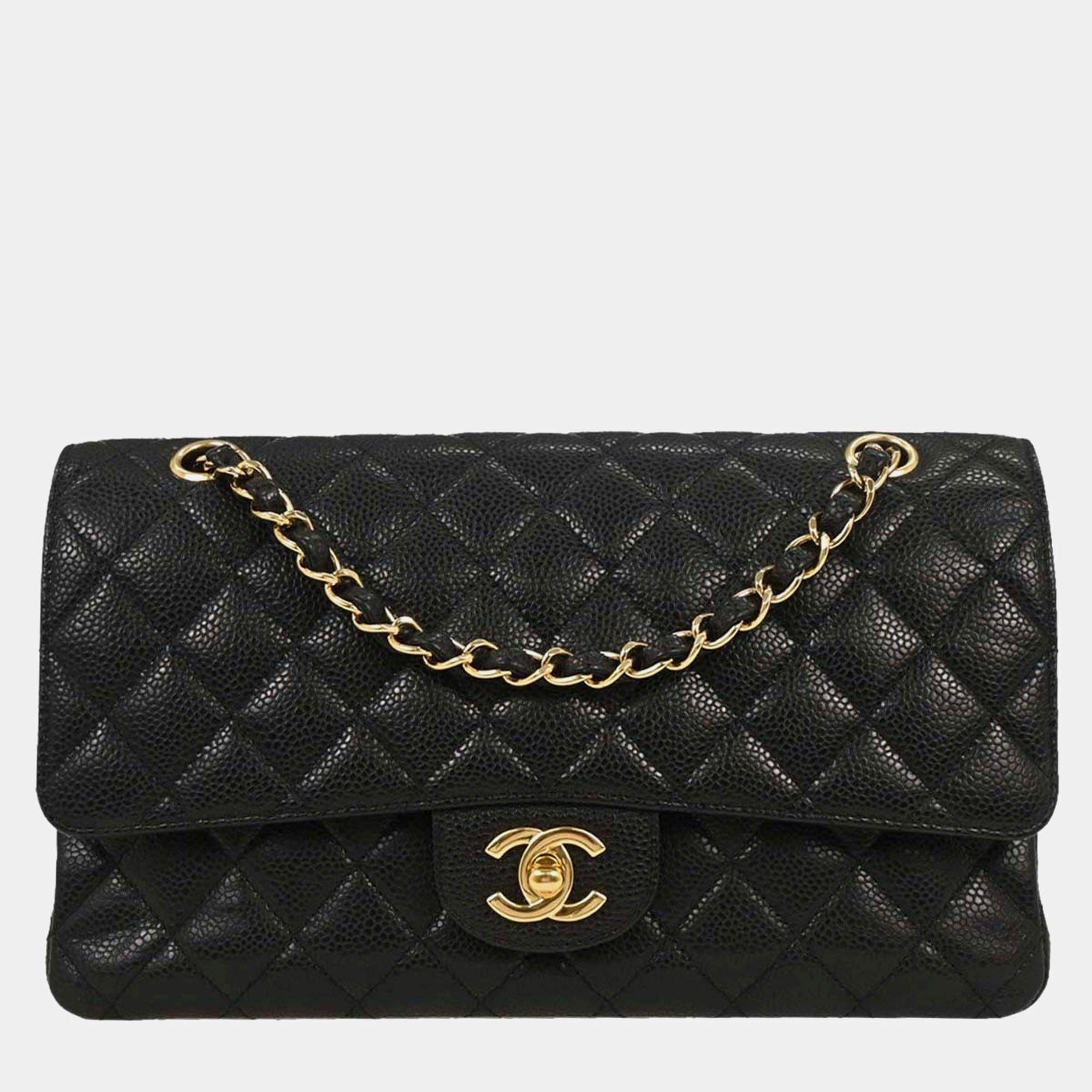 Pre Owned Chanel Black Calfskin Medium Classic Double Flap Shoulder Bag
