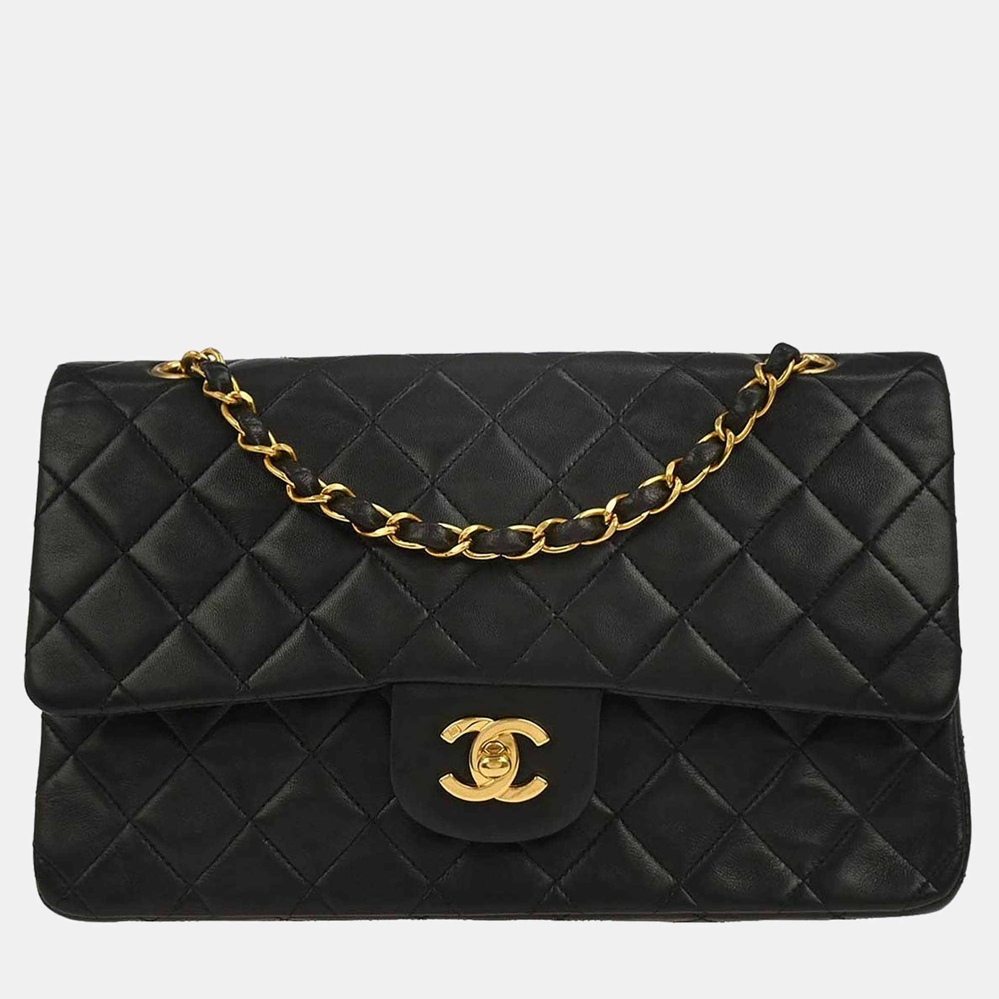 Pre Owned Chanel Black Lambskin Medium Classic Double Flap Shoulder Bag