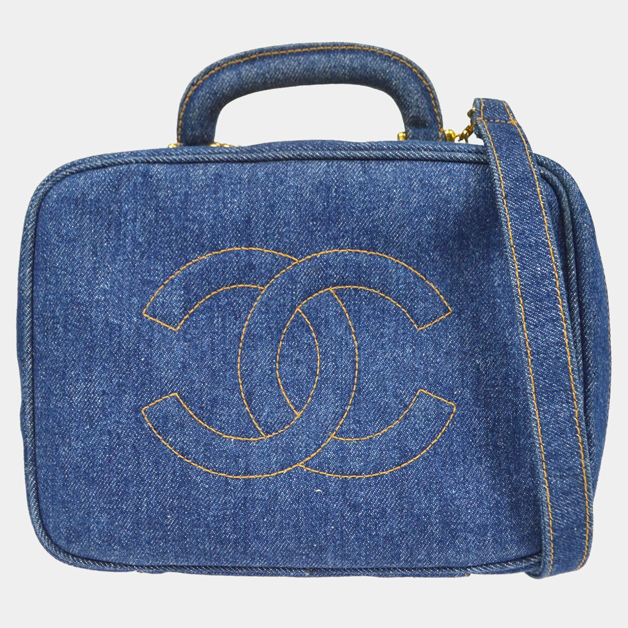 Pre Owned Chanel Blue Denim Timeless Lunch Box Vanity 24 2way Handbag