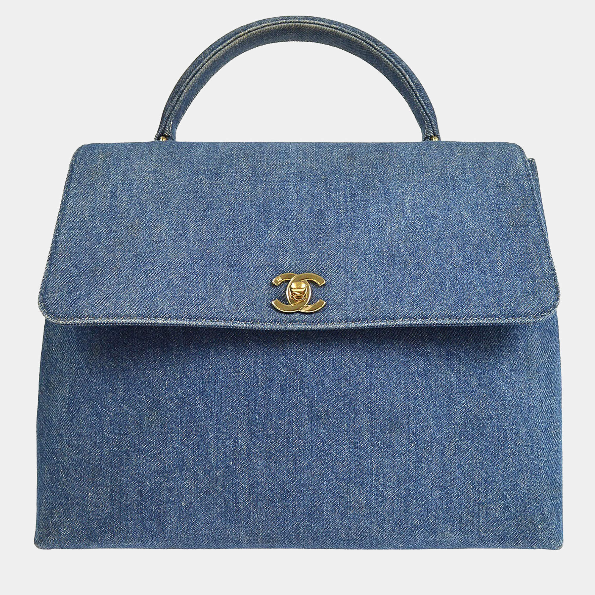 Pre Owned حقيبة شانيل دينم أزرق بمقبض علوي