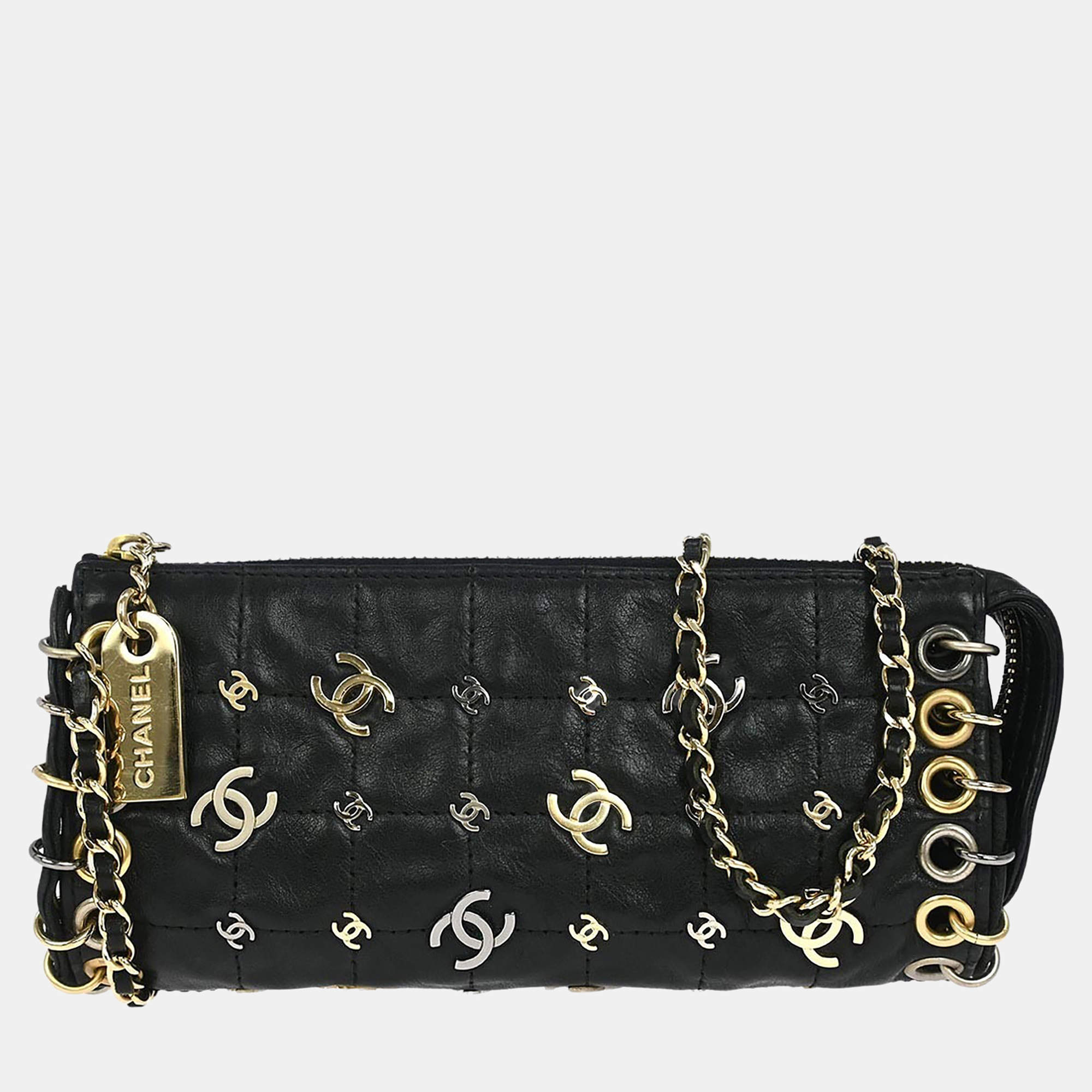 Pre Owned Chanel Black Lambskin Choco Bar Shoulder Bag Pochette