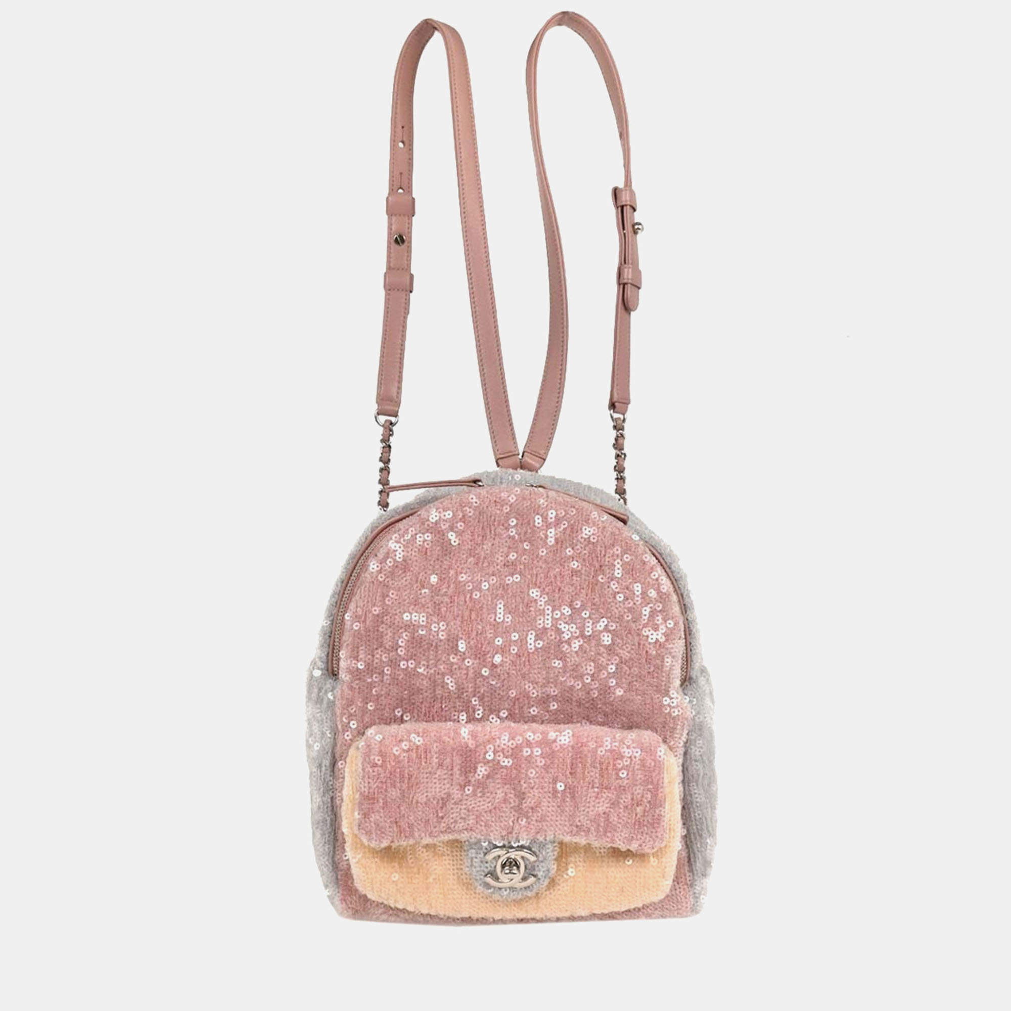 Pre Owned Chanel Pink Calfskin Sequins Backpack