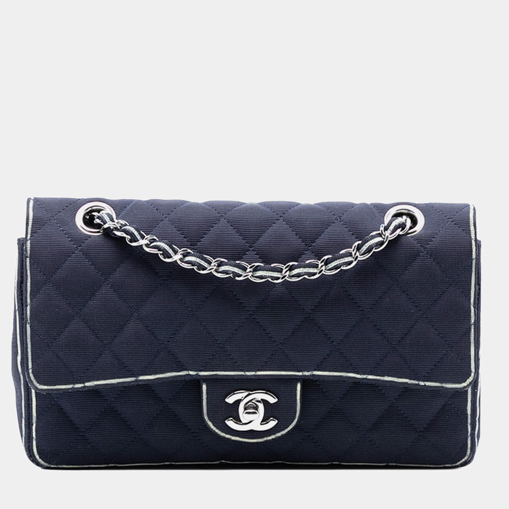 Pre Owned Chanel Blue White Medium Classic Printed Grosgrain Double Flap