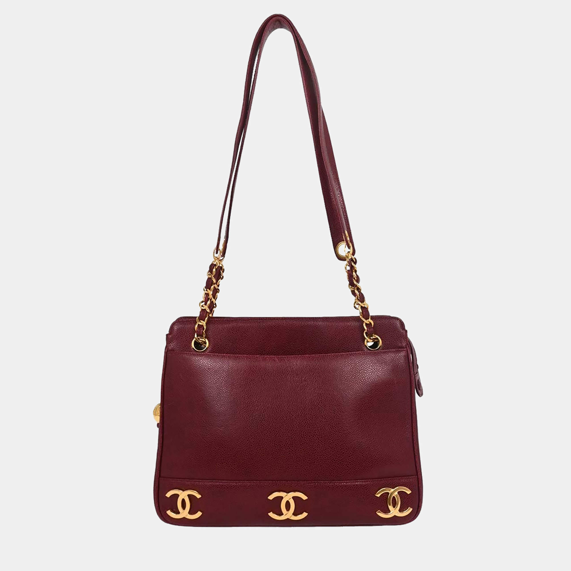 Pre Owned Chanel Bordeaux Calfskin Triple Cc Shoulder Tote Bag