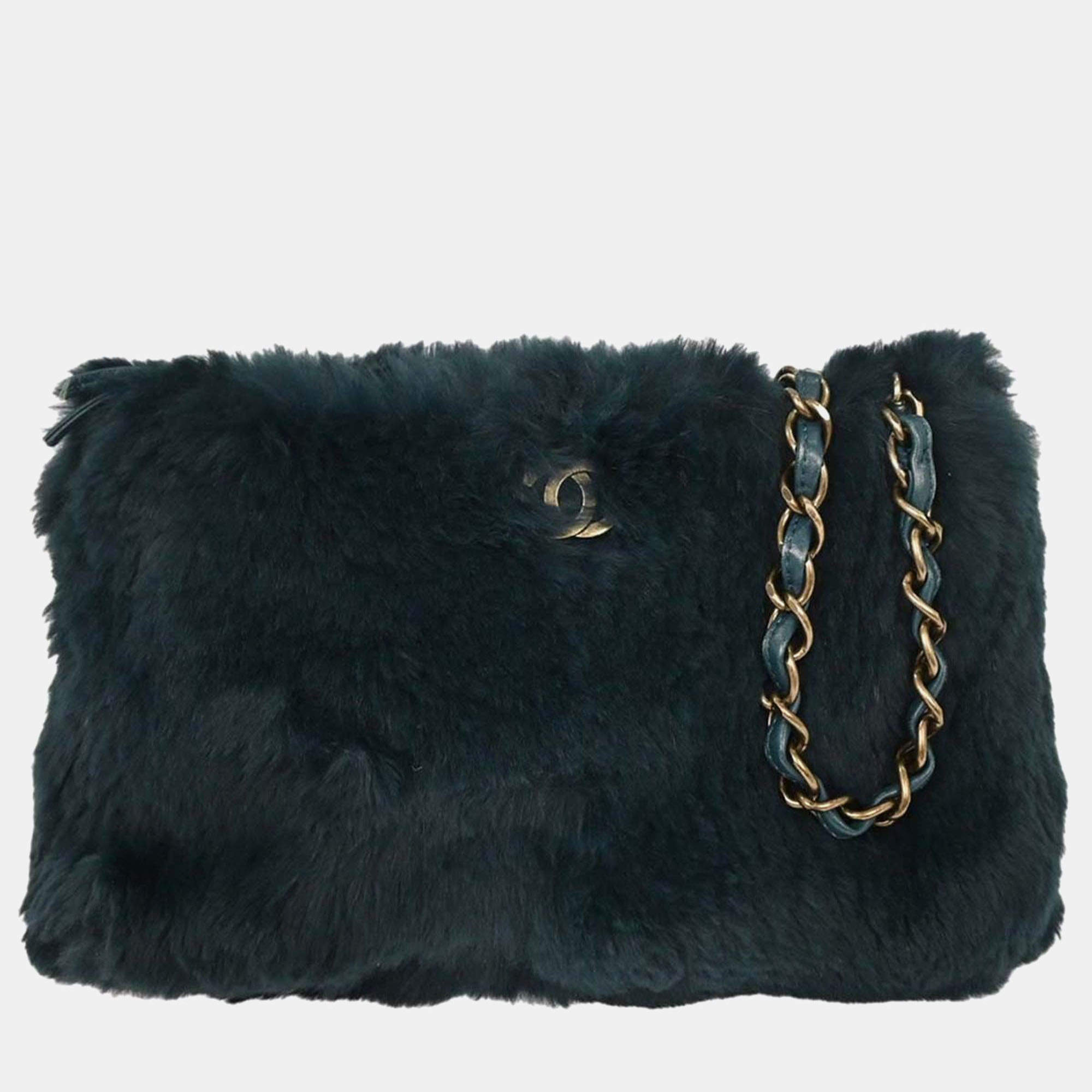 Pre Owned Chanel Blue Fur Chain Shoulder Bag