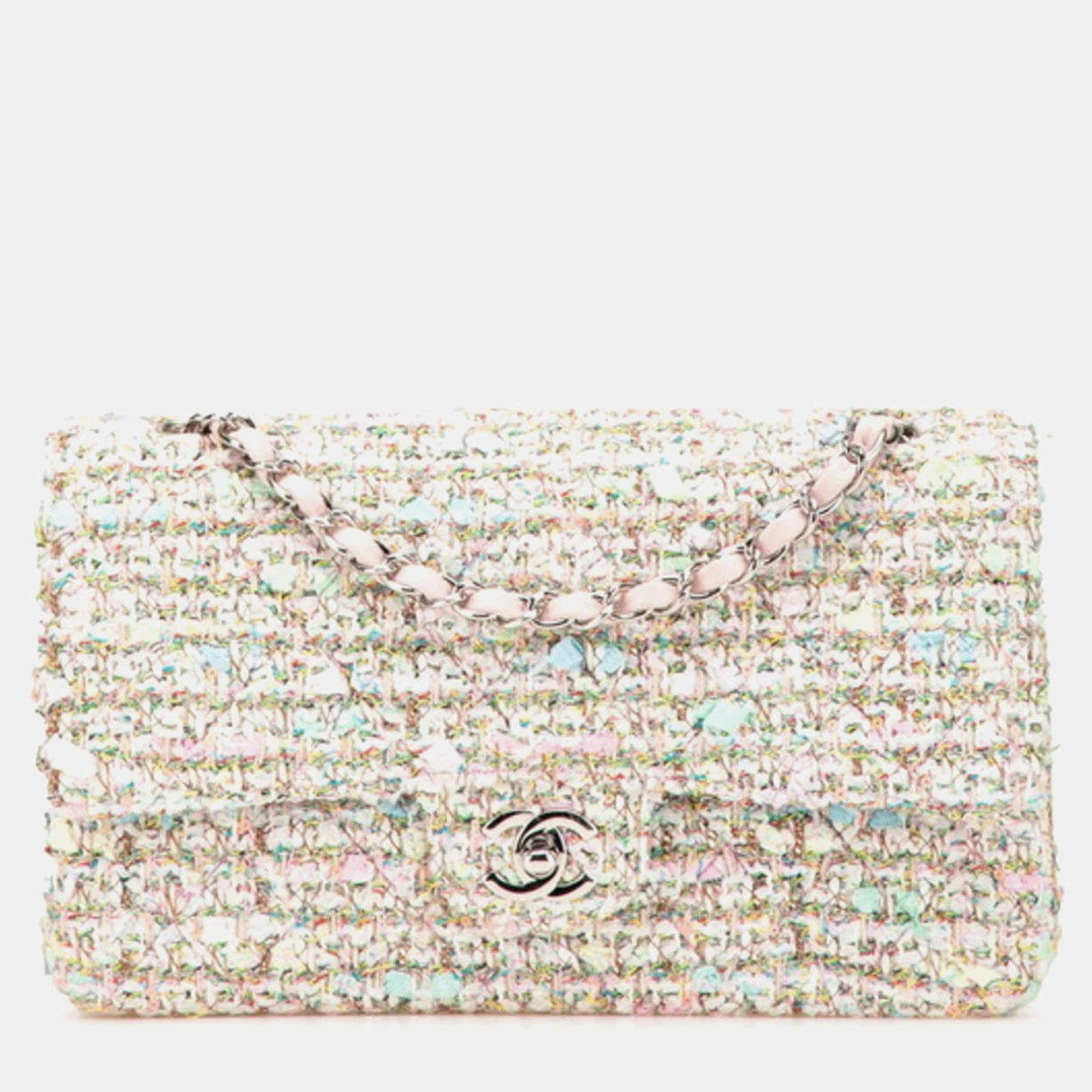 Pre Owned Chanel Matelasse 25 Coco Mark Double Flap Silver Hardware Chain Shoulder Bag Pink White Multicolor Tweed Leather