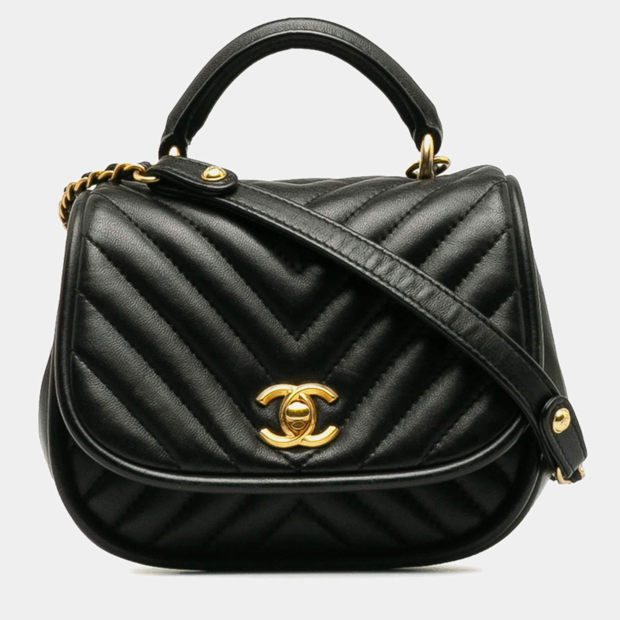 مملوكة مسبقًا Chanel Coco Mark V-Stitch Top Handle Crossbody Chain Shoulder Bag Black Leather