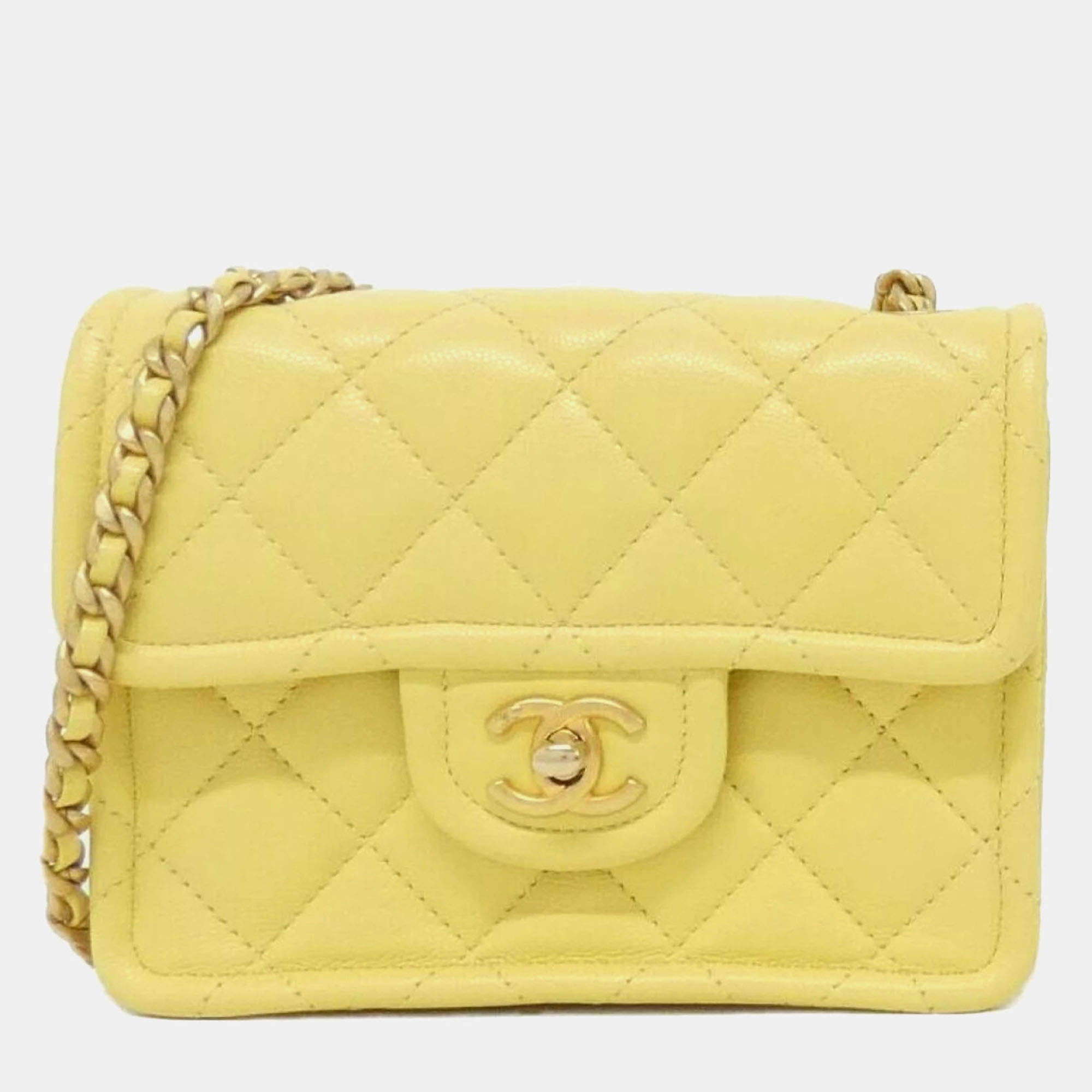 Pre Owned Chanel Turnlock CC Yellow Lambskin Leather Shoulder Bag