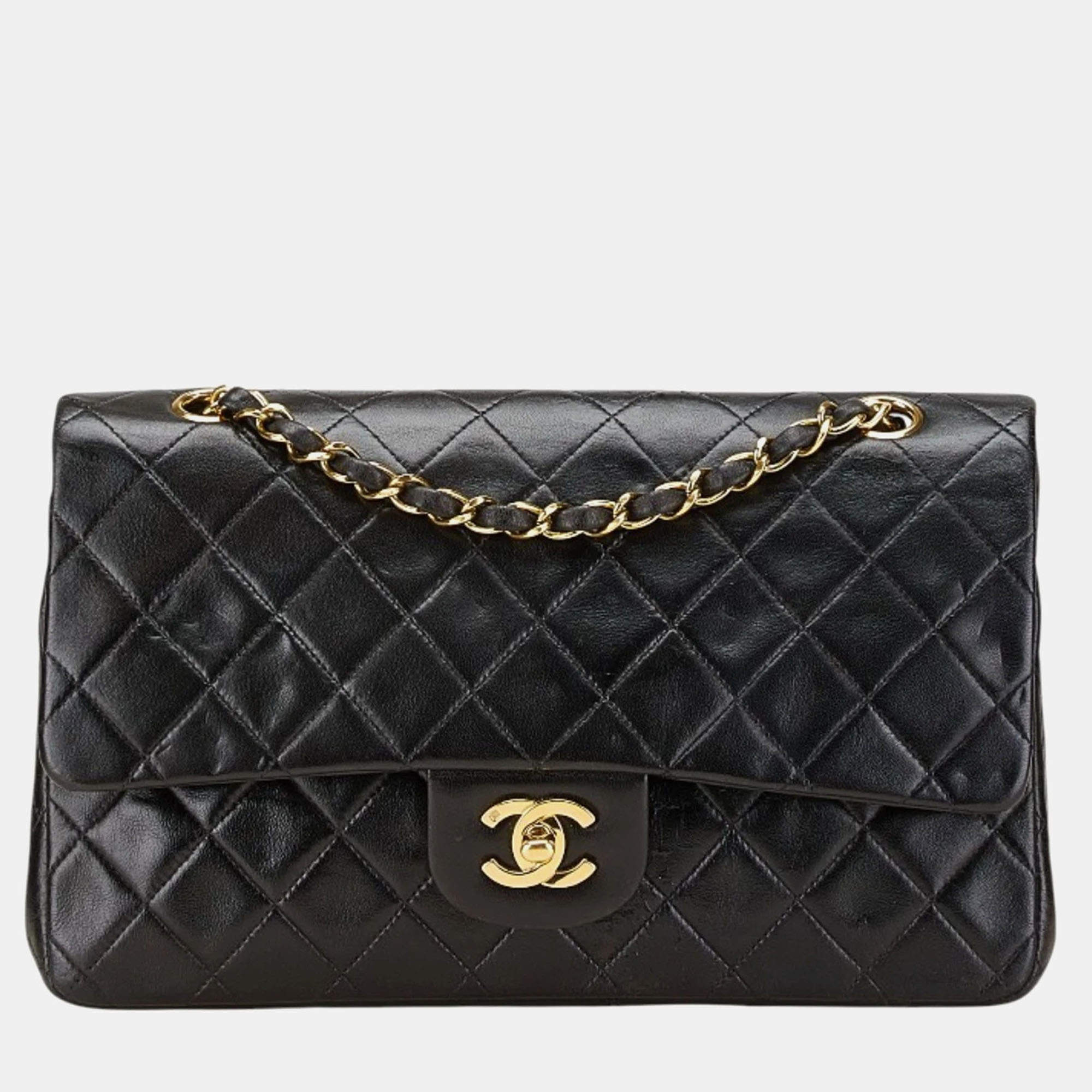 Pre Owned Chanel Coco Mark Matelasse 25 Double Flap Chain Shoulder Bag In Black Lambskin