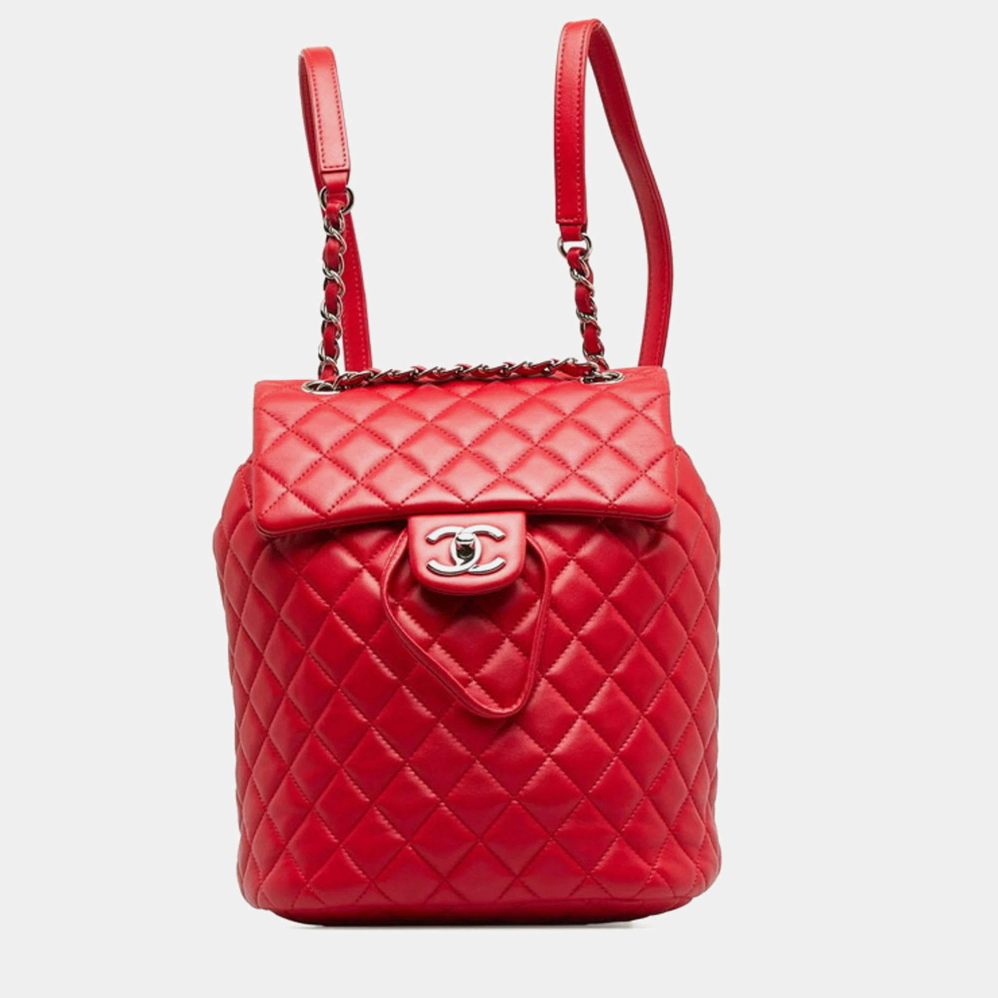 Pre Owned Chanel Matelasse Coco Mark Chain Backpack Red Lambskin
