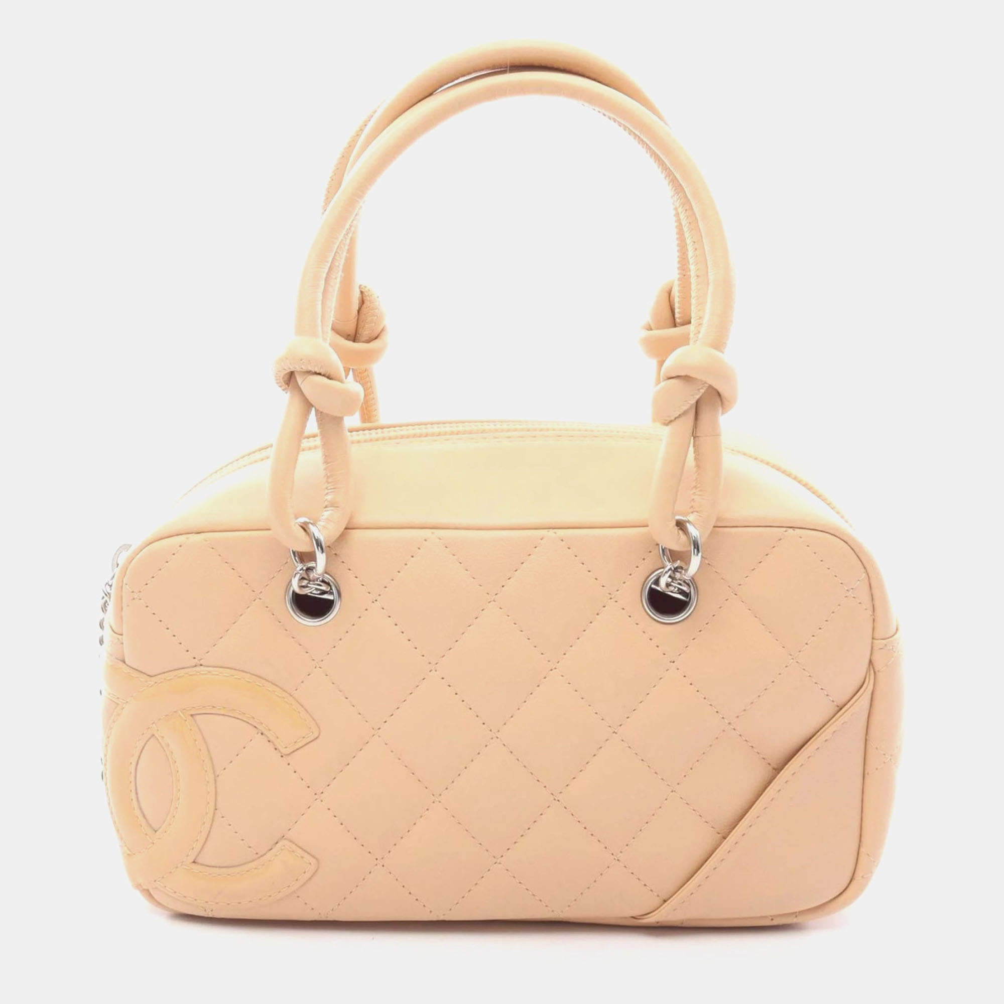 Pre Owned Chanel Cambon Mini Bowling Bag Handbag Leather Patent Beige