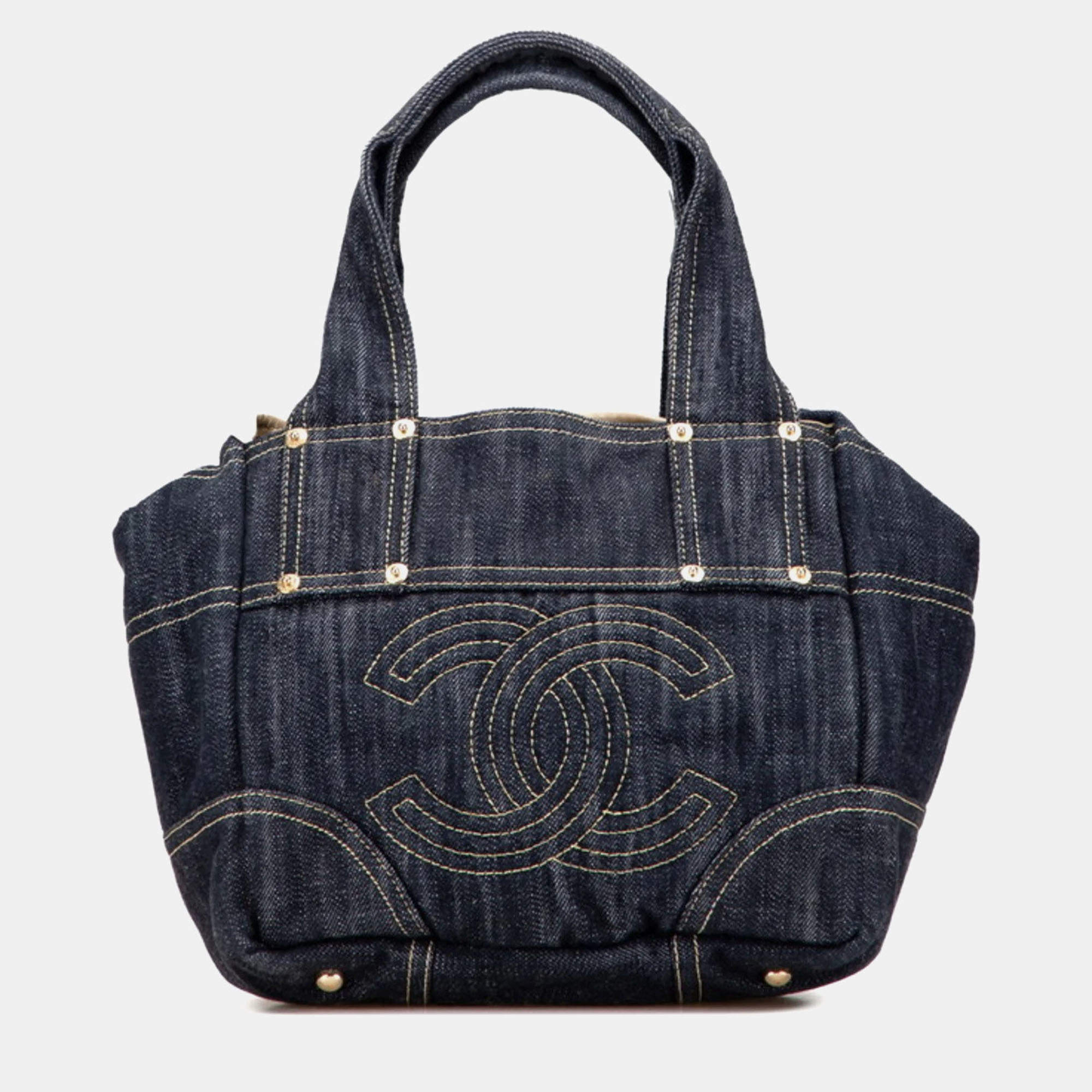 مملوكة مسبقًا Chanel Sparkling Denim Coco Mark Handbag Indigo Blue