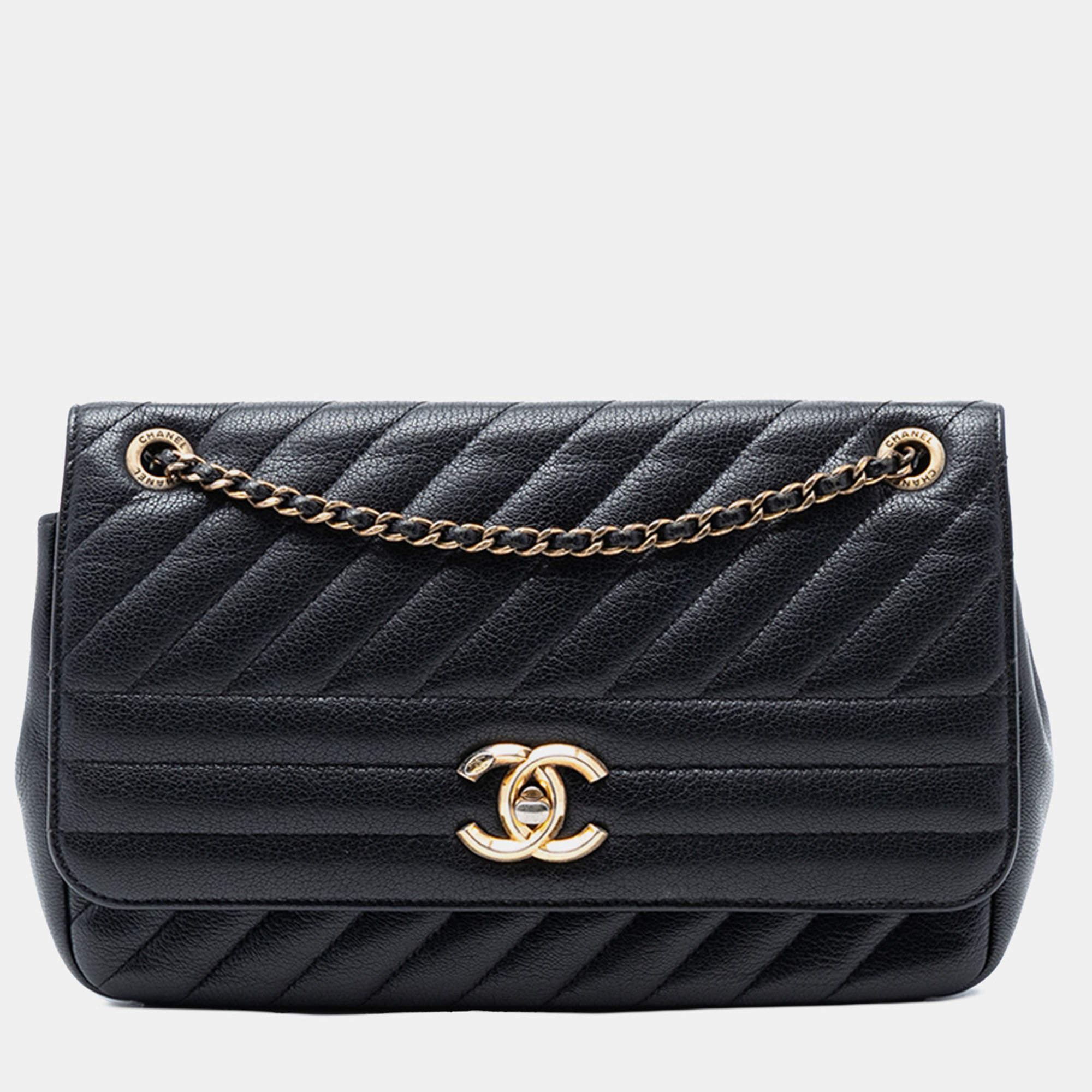 مملوكة مسبقًا Chanel Black Medium Diagonal Quilted Goatskin Flap