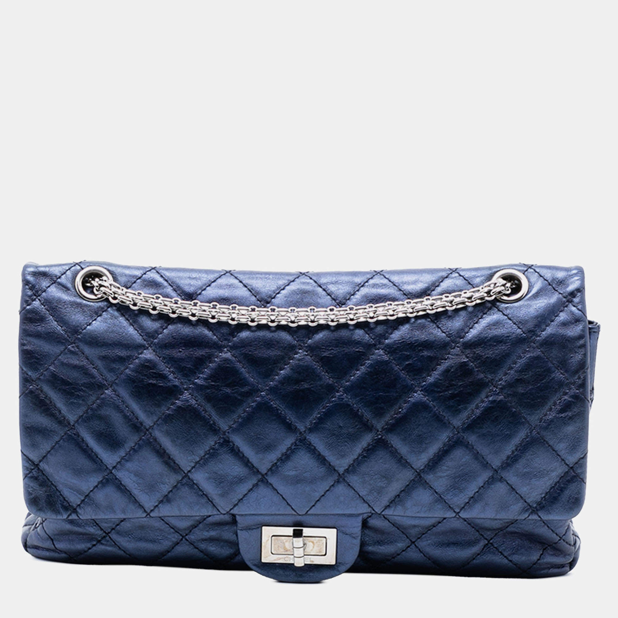 مملوكة مسبقًا Chanel Blue Metallic Quilted Aged Calfskin Reissue 2.55 Double Flap 227