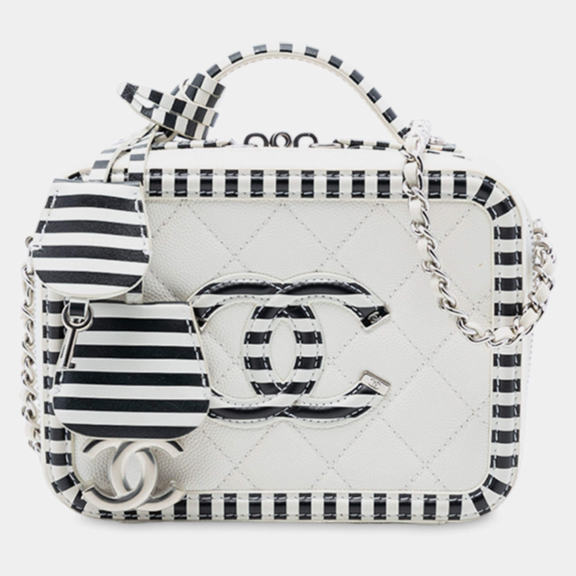 Pre Owned Chanel White Small Caviar Striped CC Filigree Vanity Case