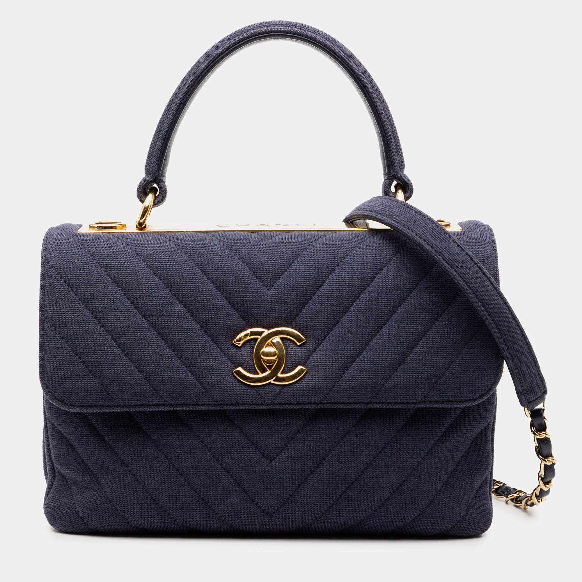 مملوكة مسبقًا Chanel Blue Small Chevron Jersey Trendy CC Top Handle Flap
