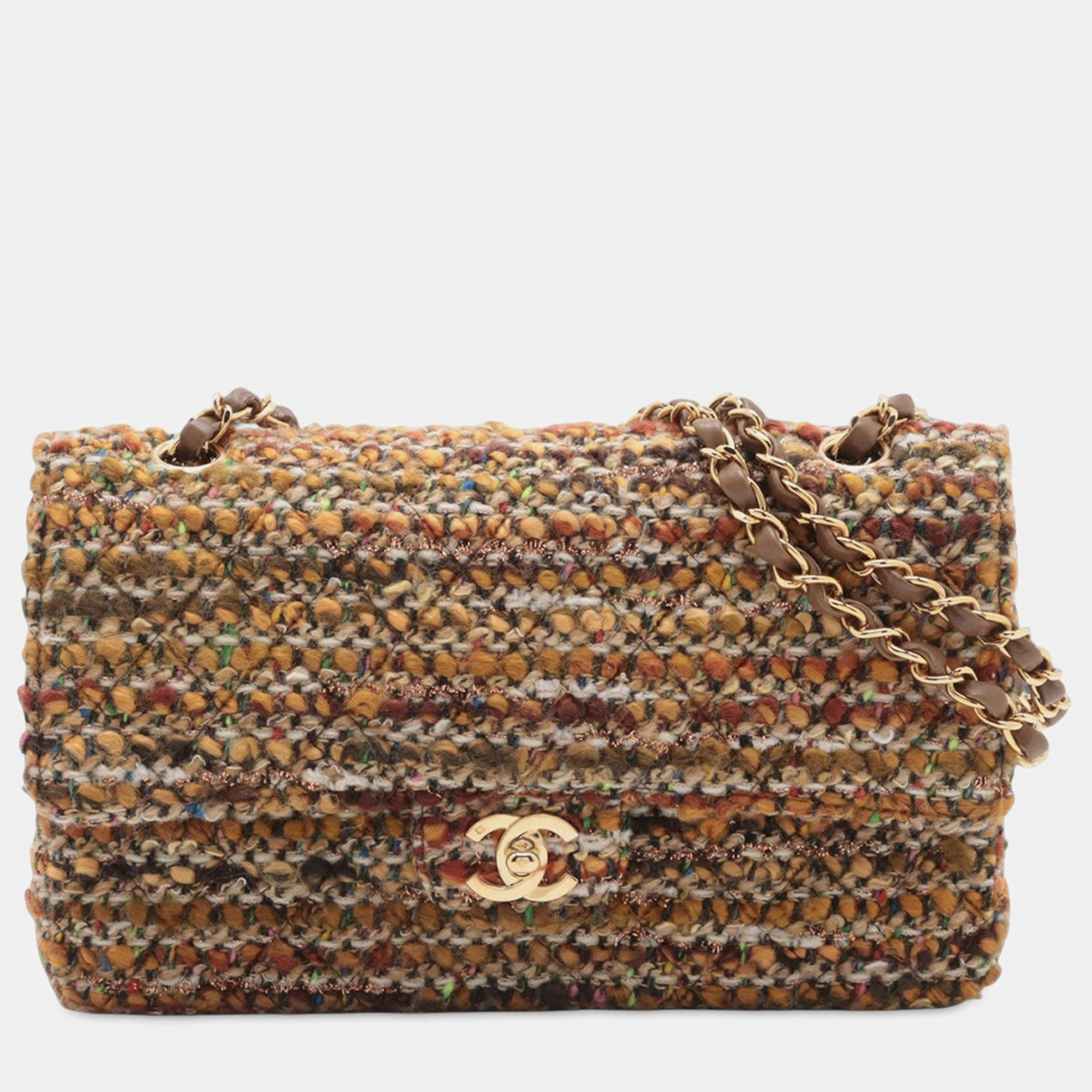Pre Owned Chanel Brown Medium Classic Tweed Double Flap