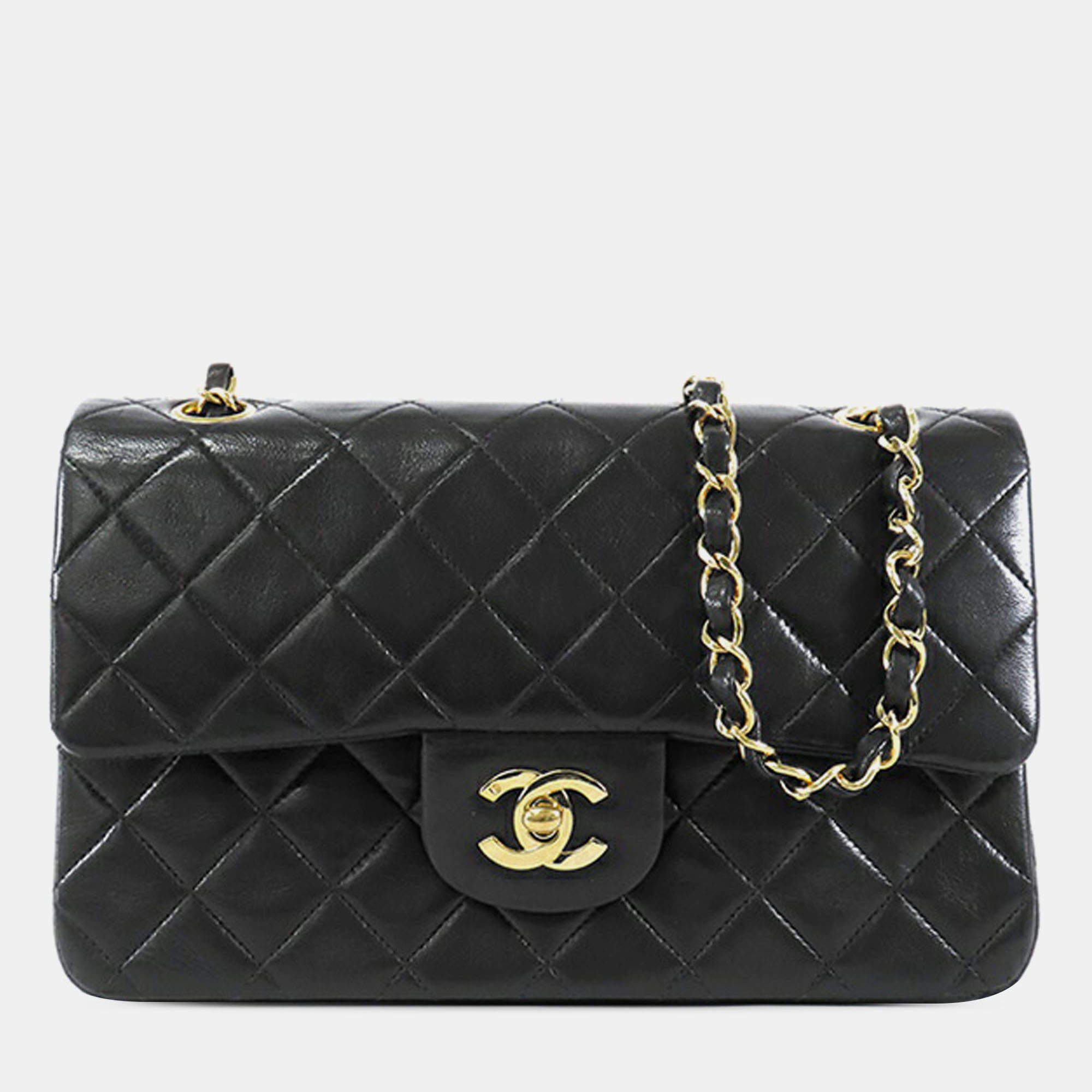 Pre Owned Chanel Black Small Classic Lambskin Double Flap