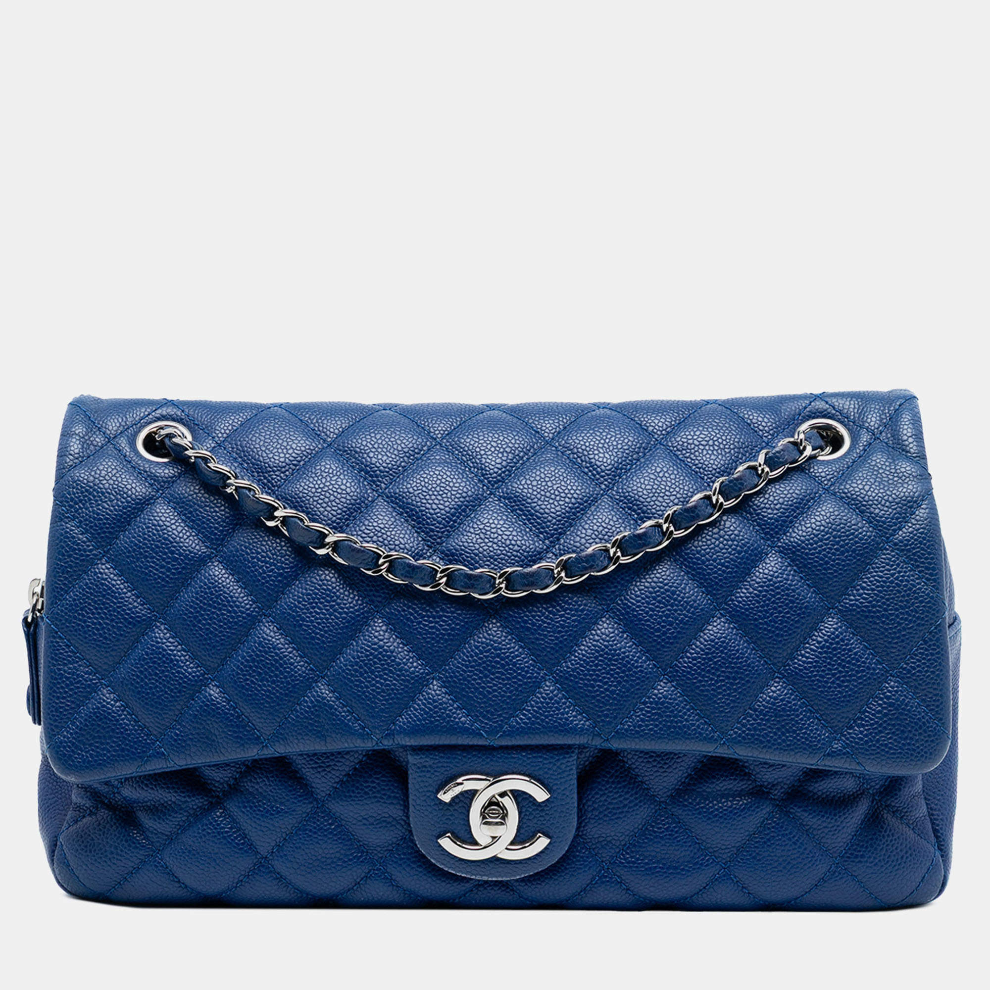 Pre Owned Chanel Blue Jumbo Quilted Caviar Easy Flap