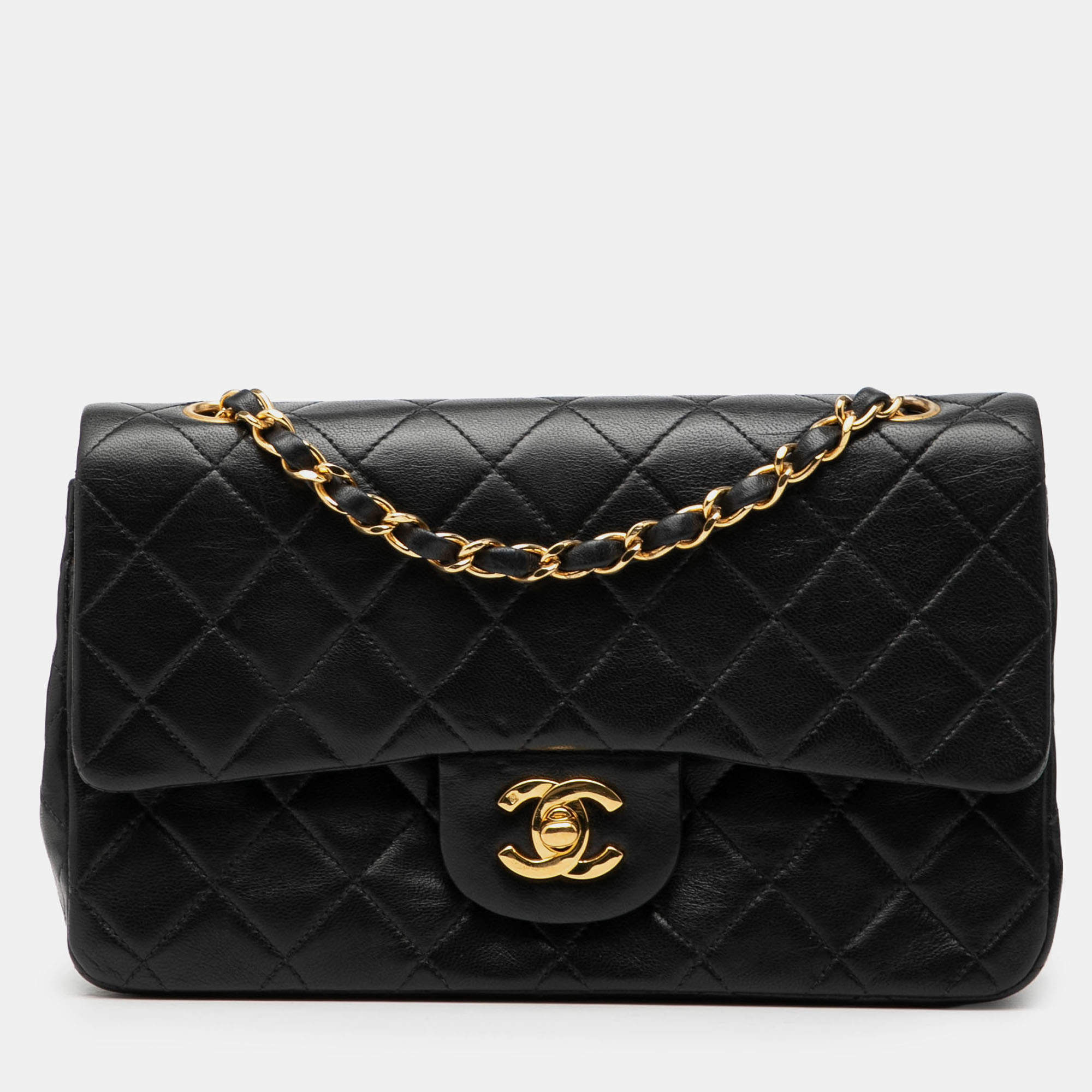 Pre Owned Chanel Black Small Classic Lambskin Double Flap