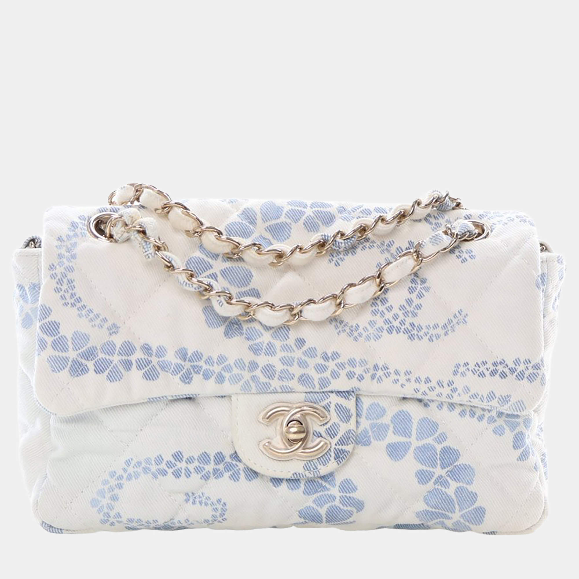 Pre Owned Chanel Small Blue/White Denim Coco Beach Flap Bag