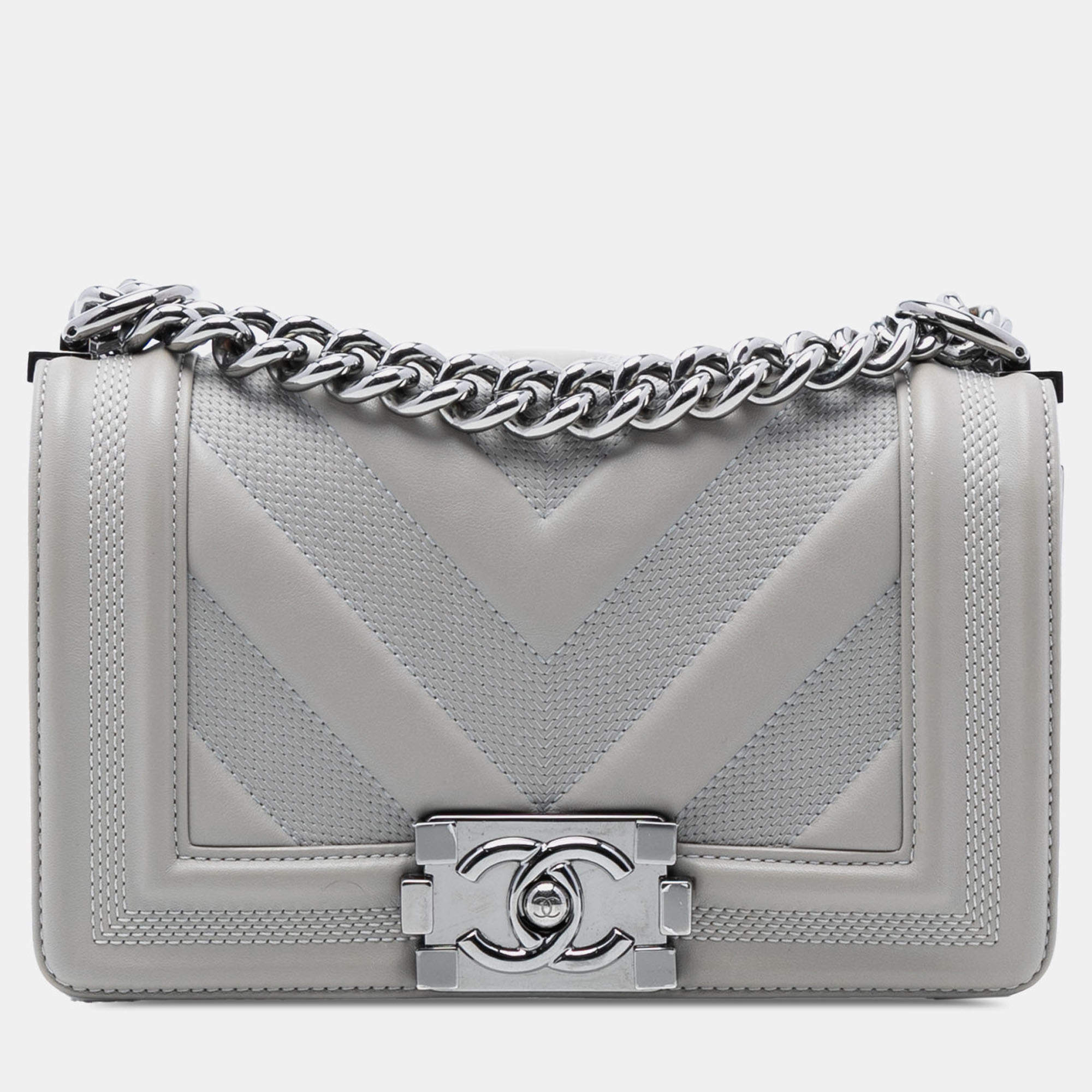 Pre Owned Chanel Small Chevron Stitched Calfskin Boy Flap
