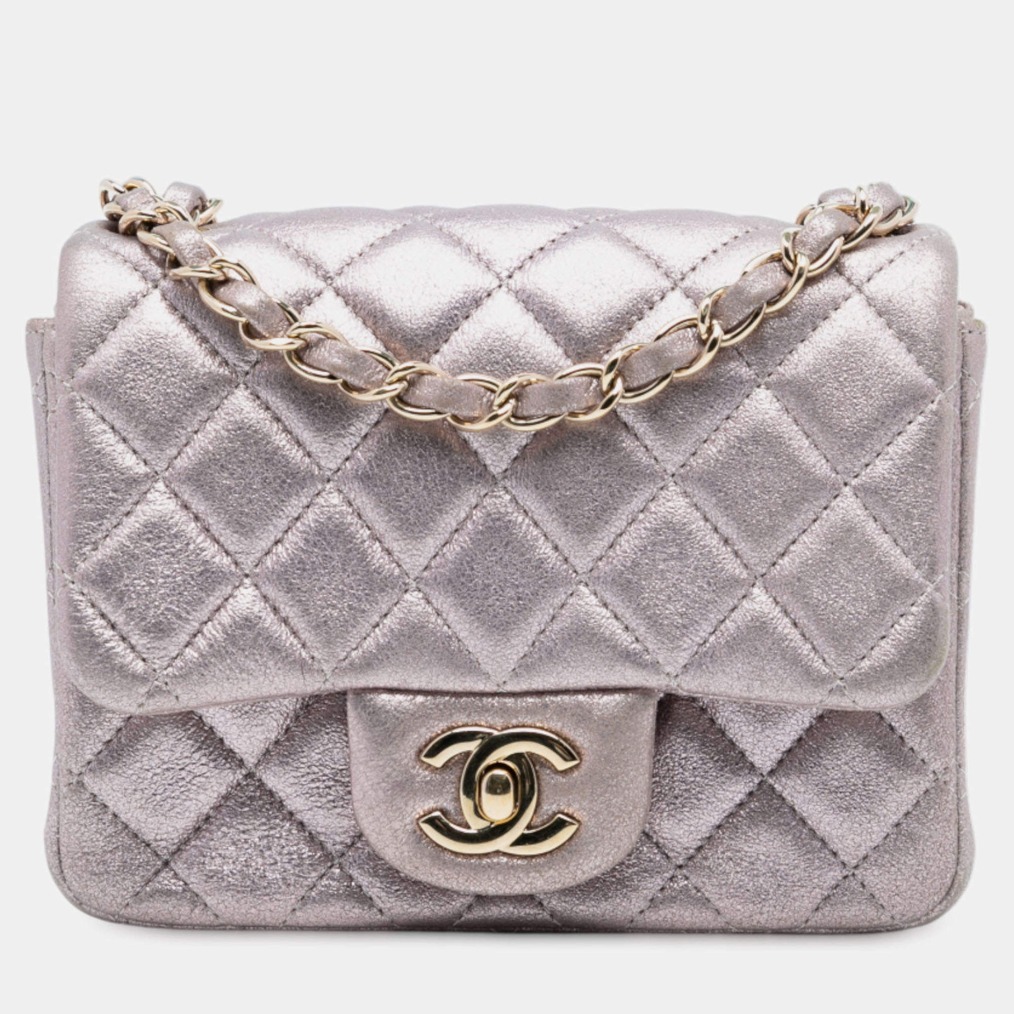 Pre Owned Chanel Pink Mini Square Classic Iridescent Calfskin Single Flap