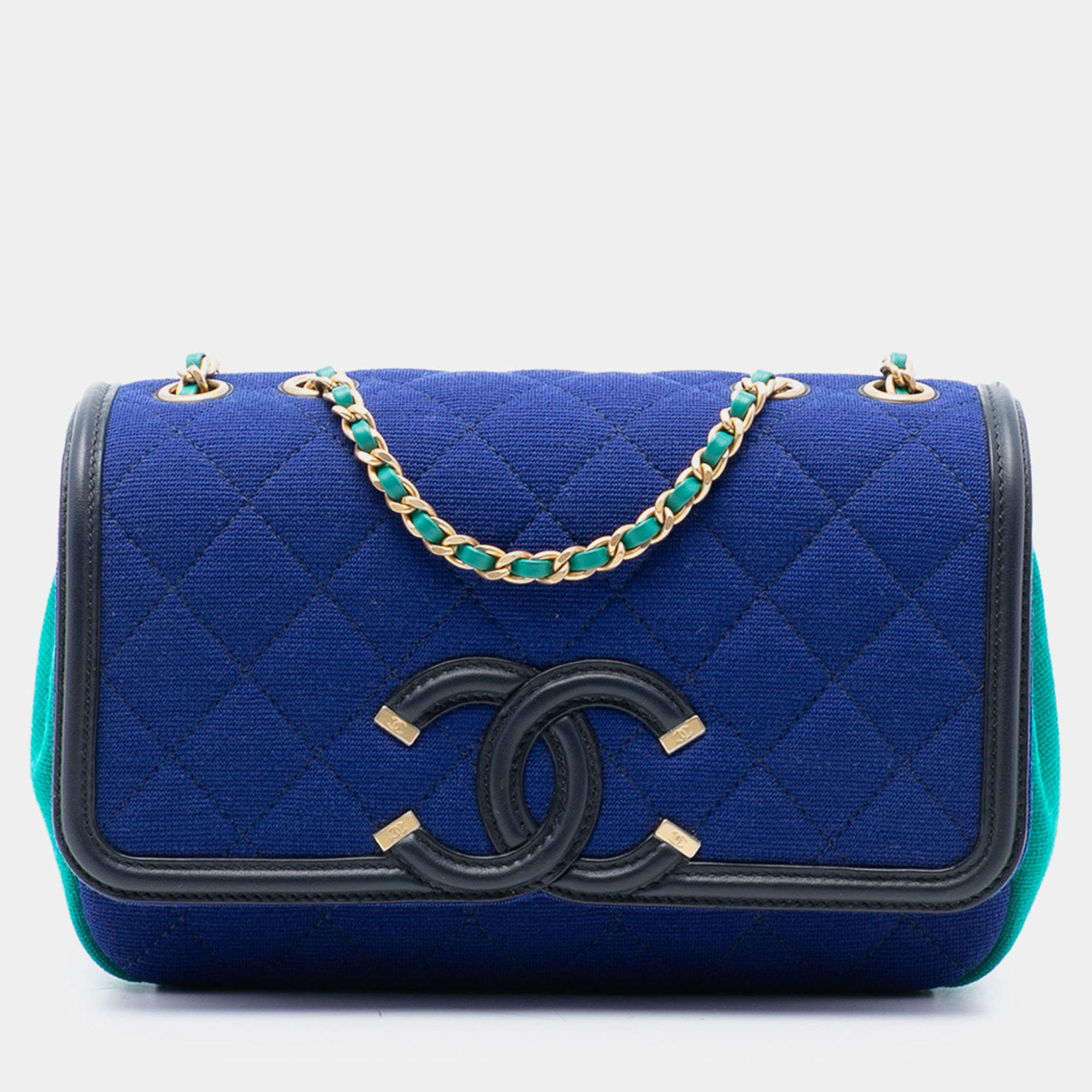 Pre Owned حقيبة شانيل رفرف فيليجري CC جيرسي أزرق صغيرة