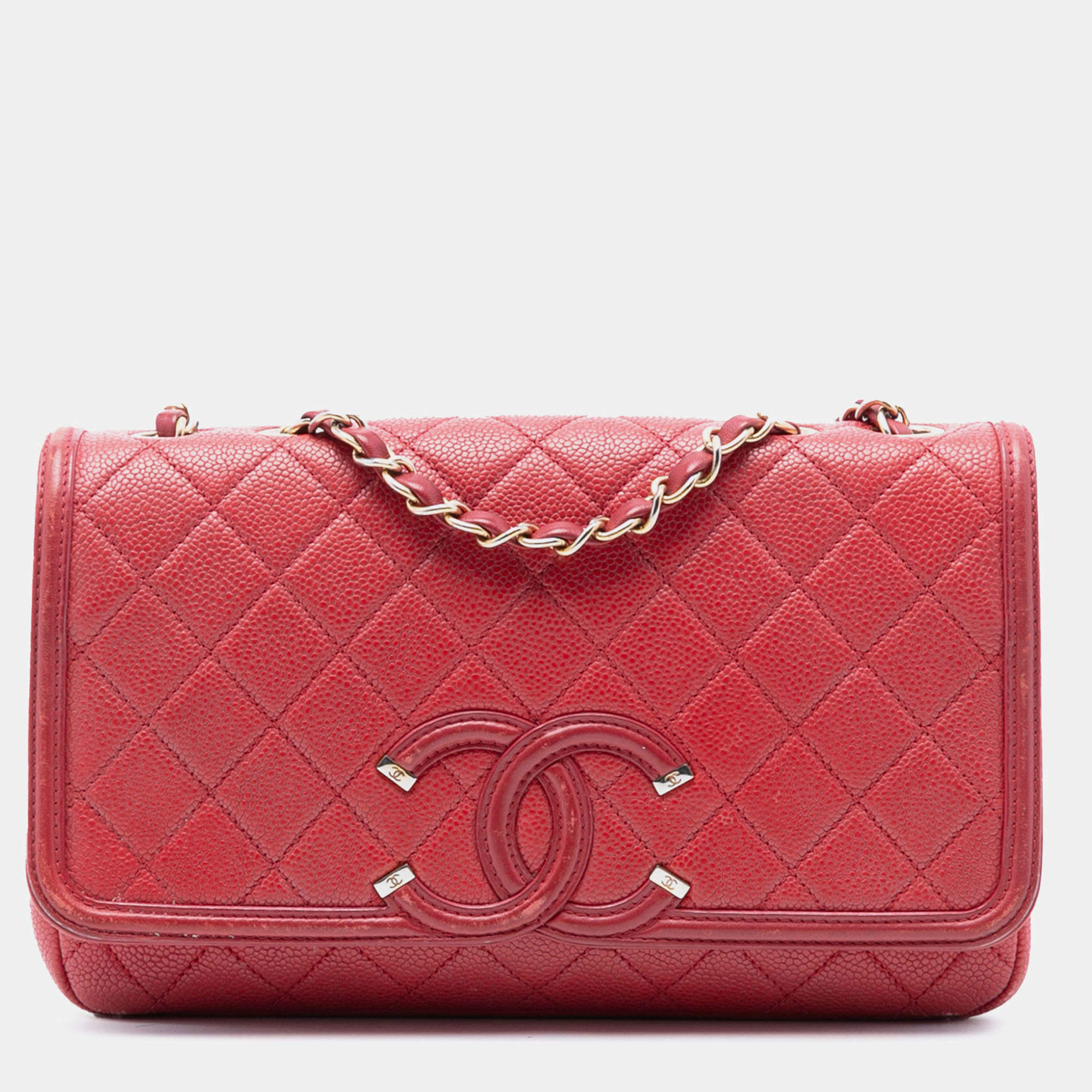 Pre Owned Chanel Red Medium Quilted Caviar CC Filigree Flap