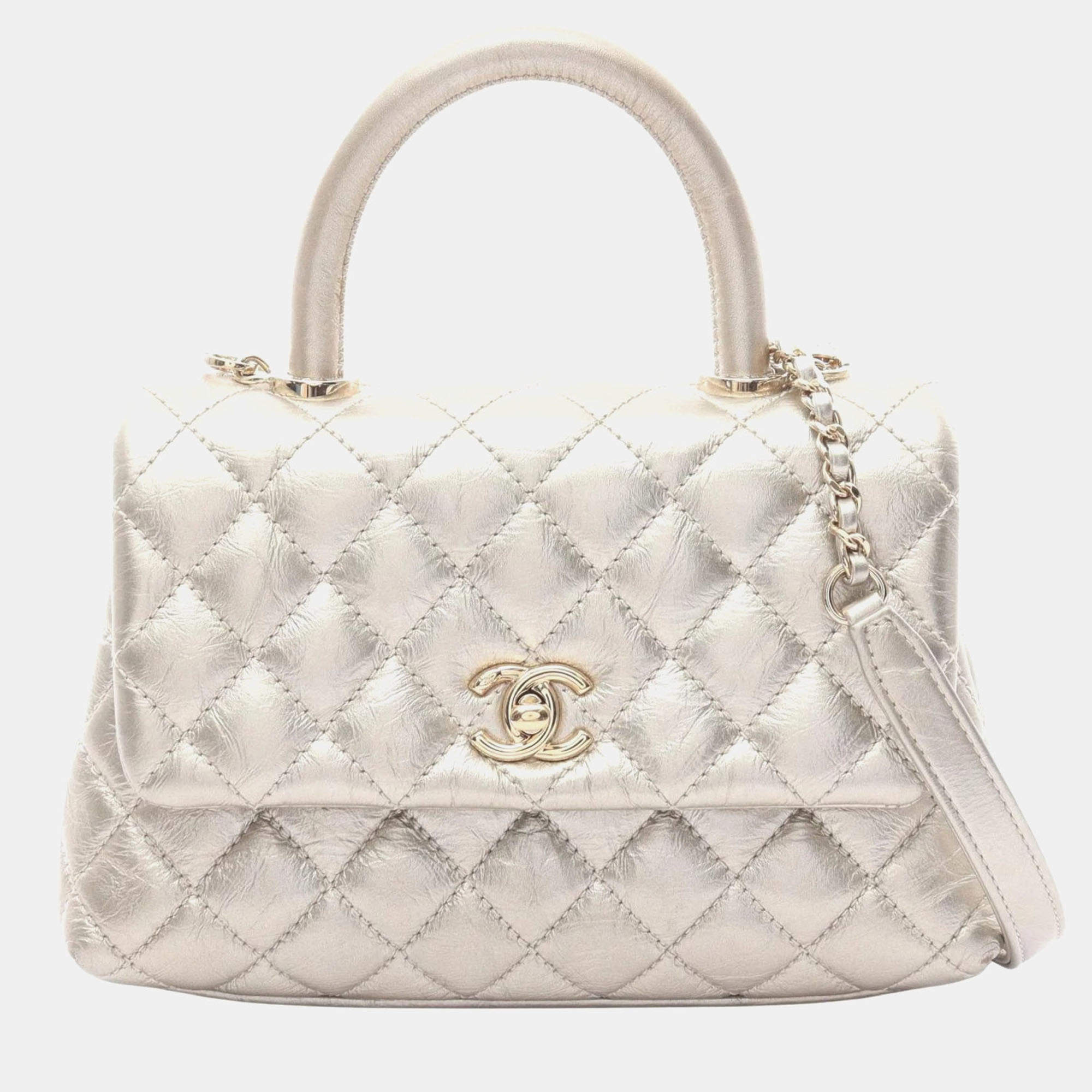مملوكة مسبقًا Chanel Coco Handle Flap Matelasse Handbag Leather Silver