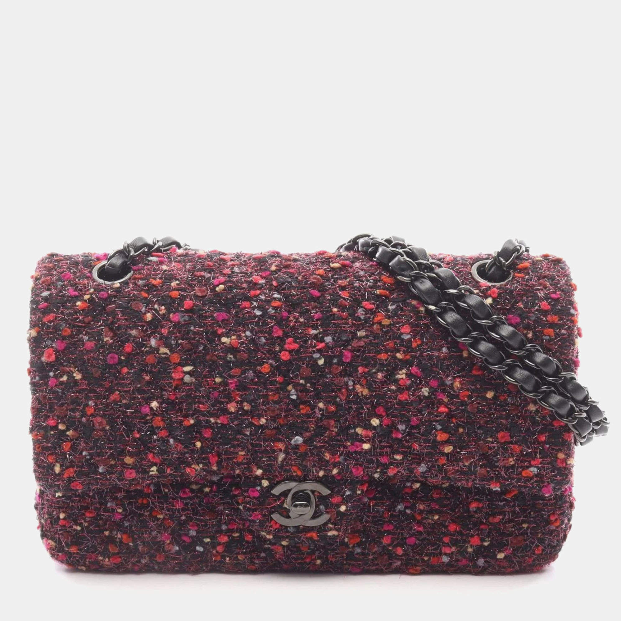 مملوكة مسبقًا Chanel Matelasse Double Flap Shoulder Bag Fabric Black Pink Multicolor
