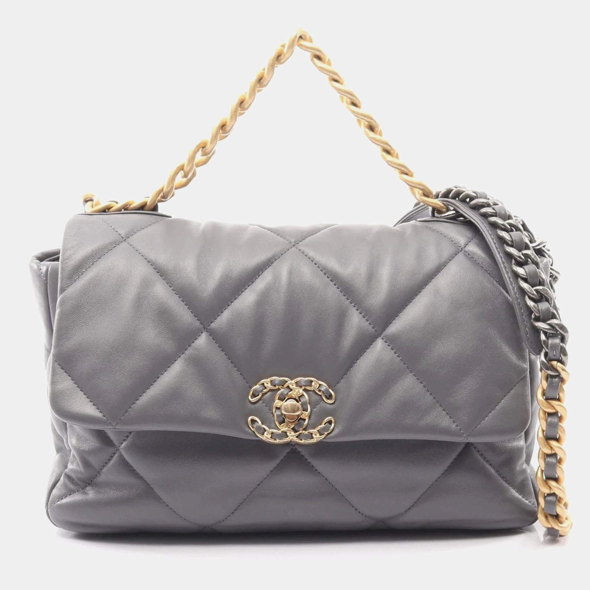 Pre Owned Chanel 19 Gray Lambskin Leather Shoulder Bag