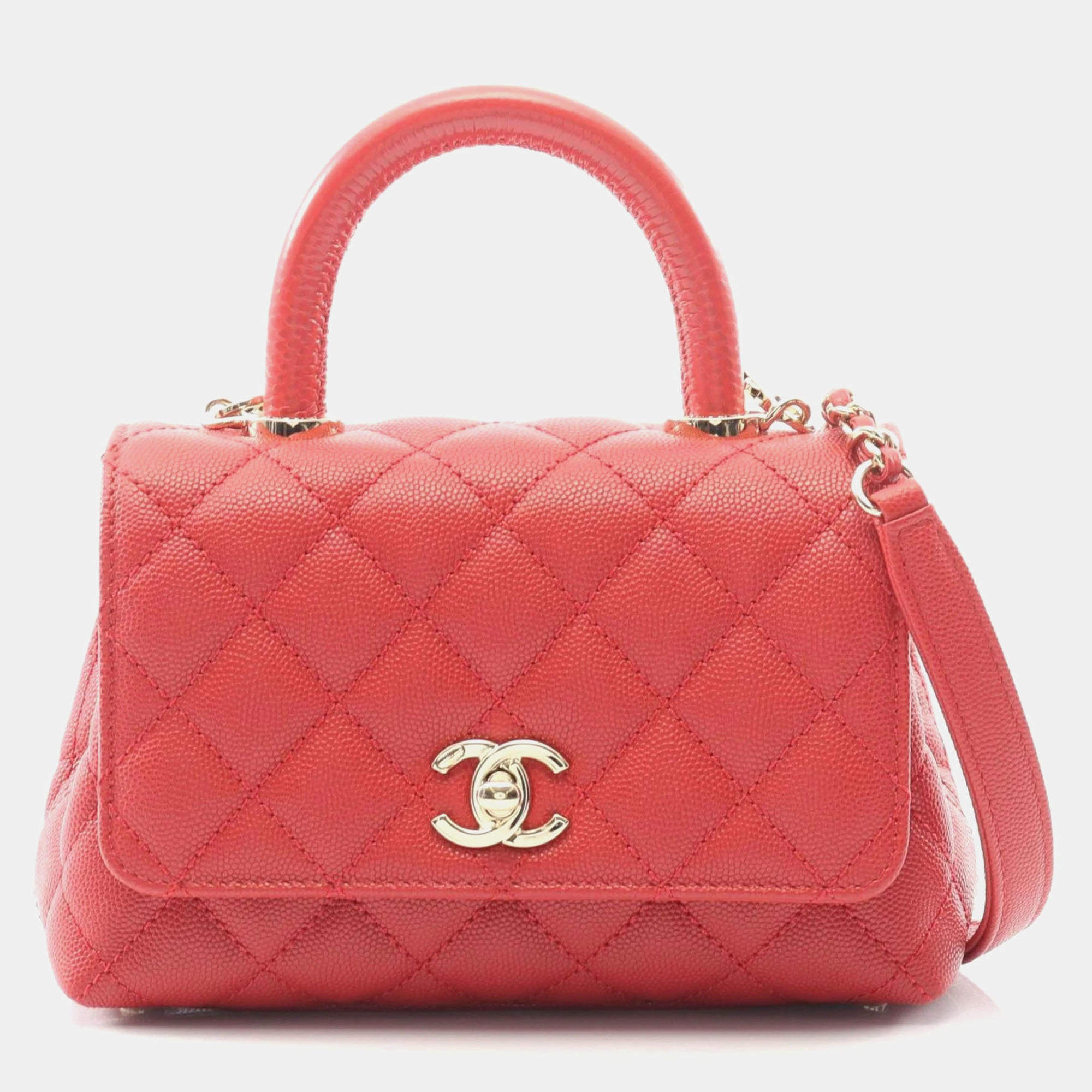 Pre Owned Chanel Coco Handle Xxs Top Handbag In Grained Calfskin Caviar Leather Red