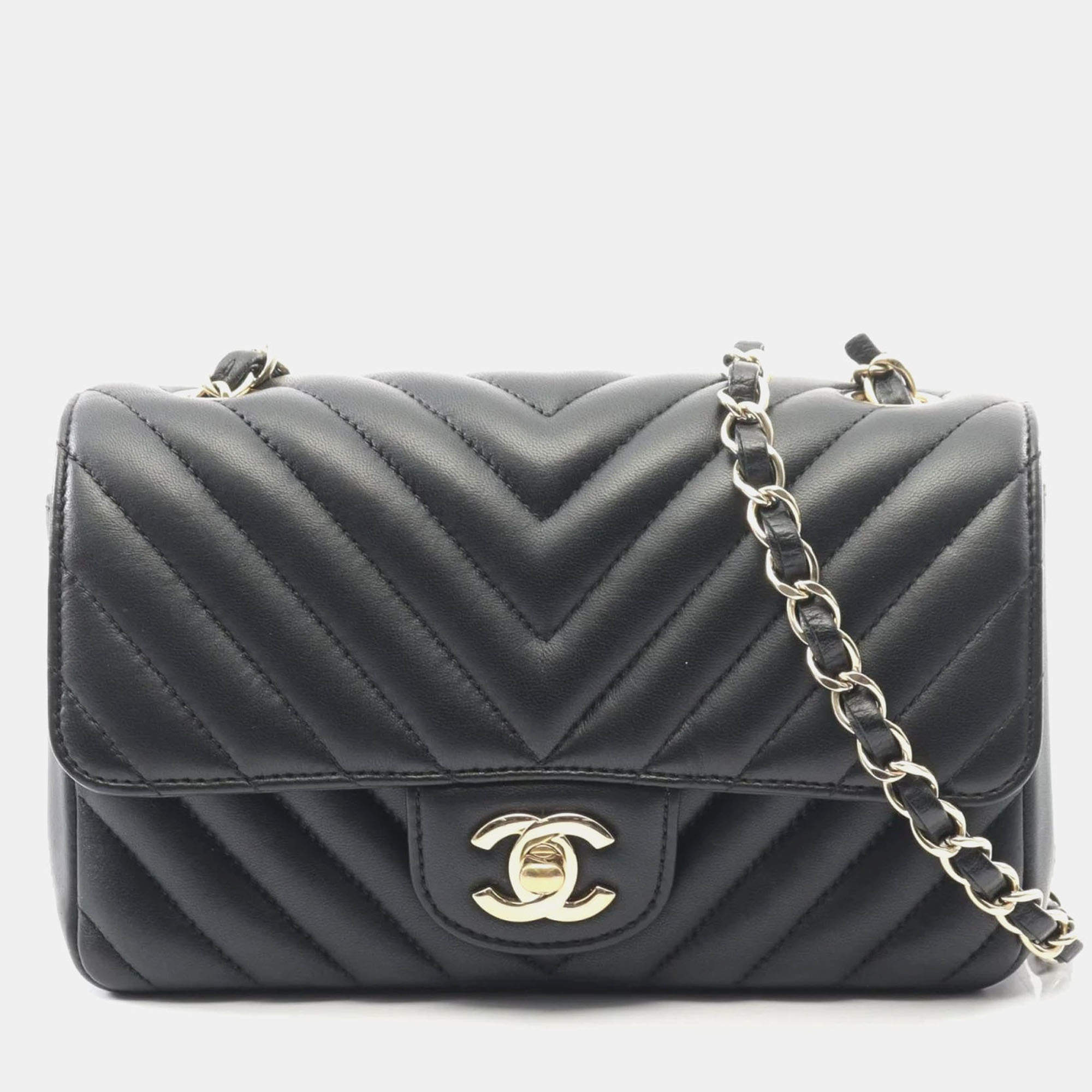 Pre Owned Chanel V Stitch Chevron Mini Black Lambskin Leather Shoulder Bag