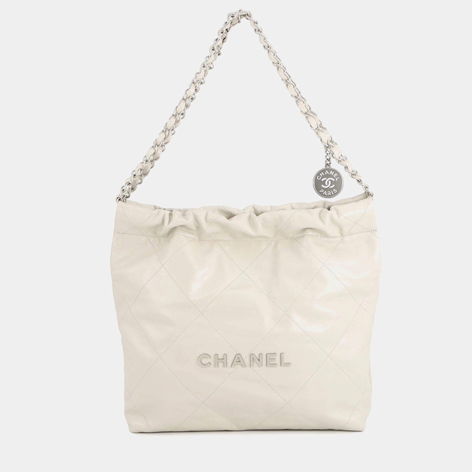 Pre Owned Chanel Handbag 22 Light Grey Shiny Calfskin Leather