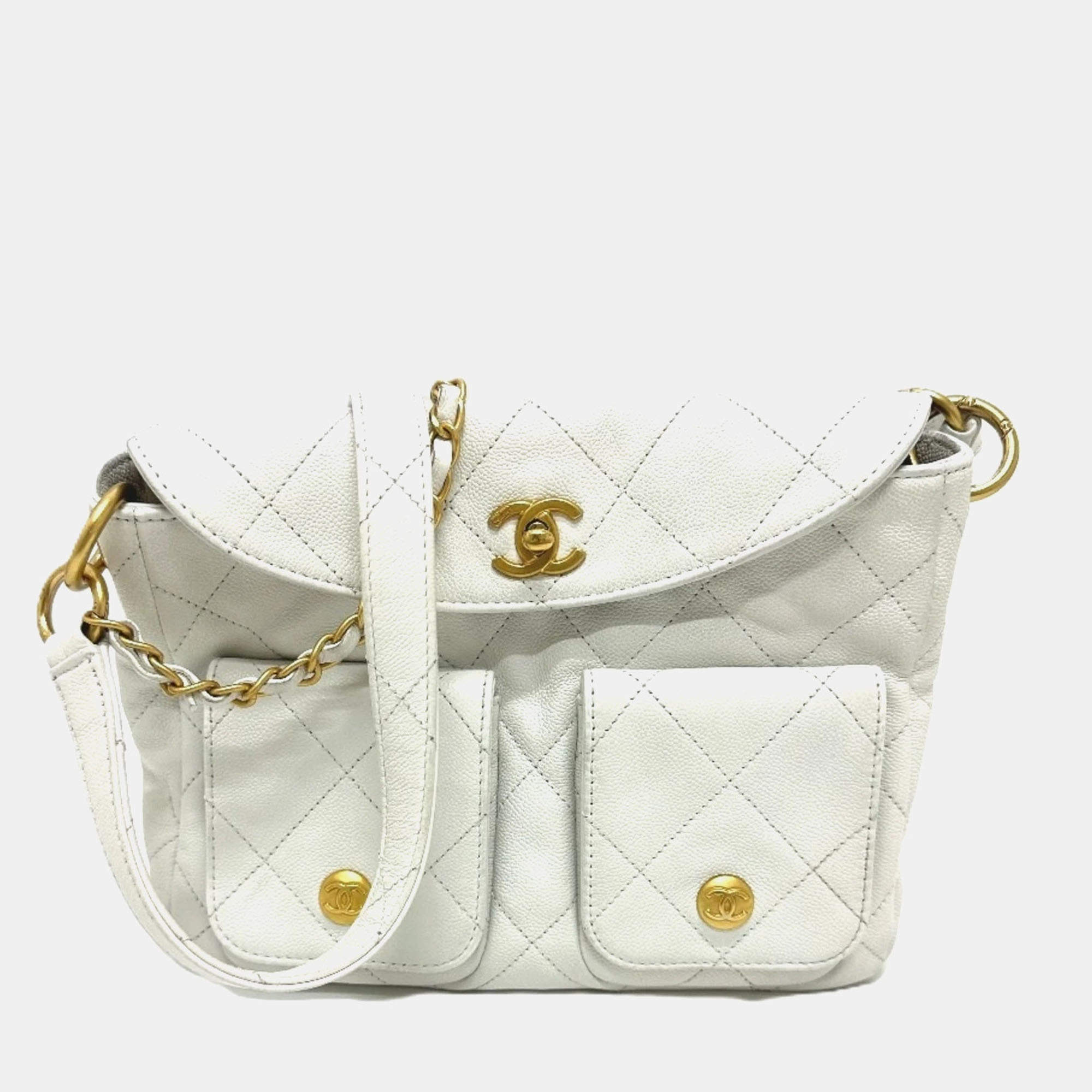 Pre Owned Chanel Supple Twins White Caviar Leather Hobo Bag
