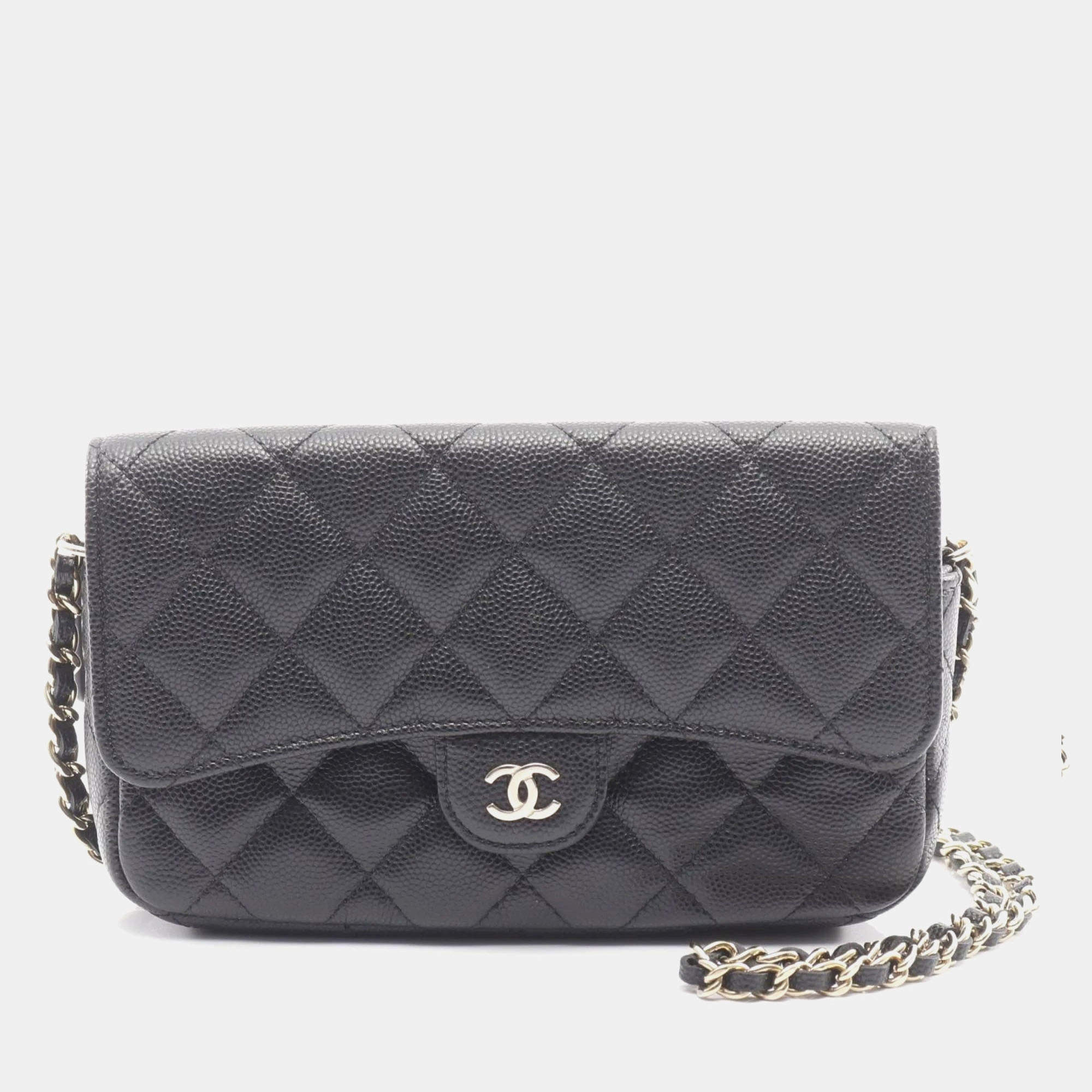 Pre Owned Chanel Matelasse Chain Phone Case Wallet Shoulder Bag In Grained Calfskin Leather Black