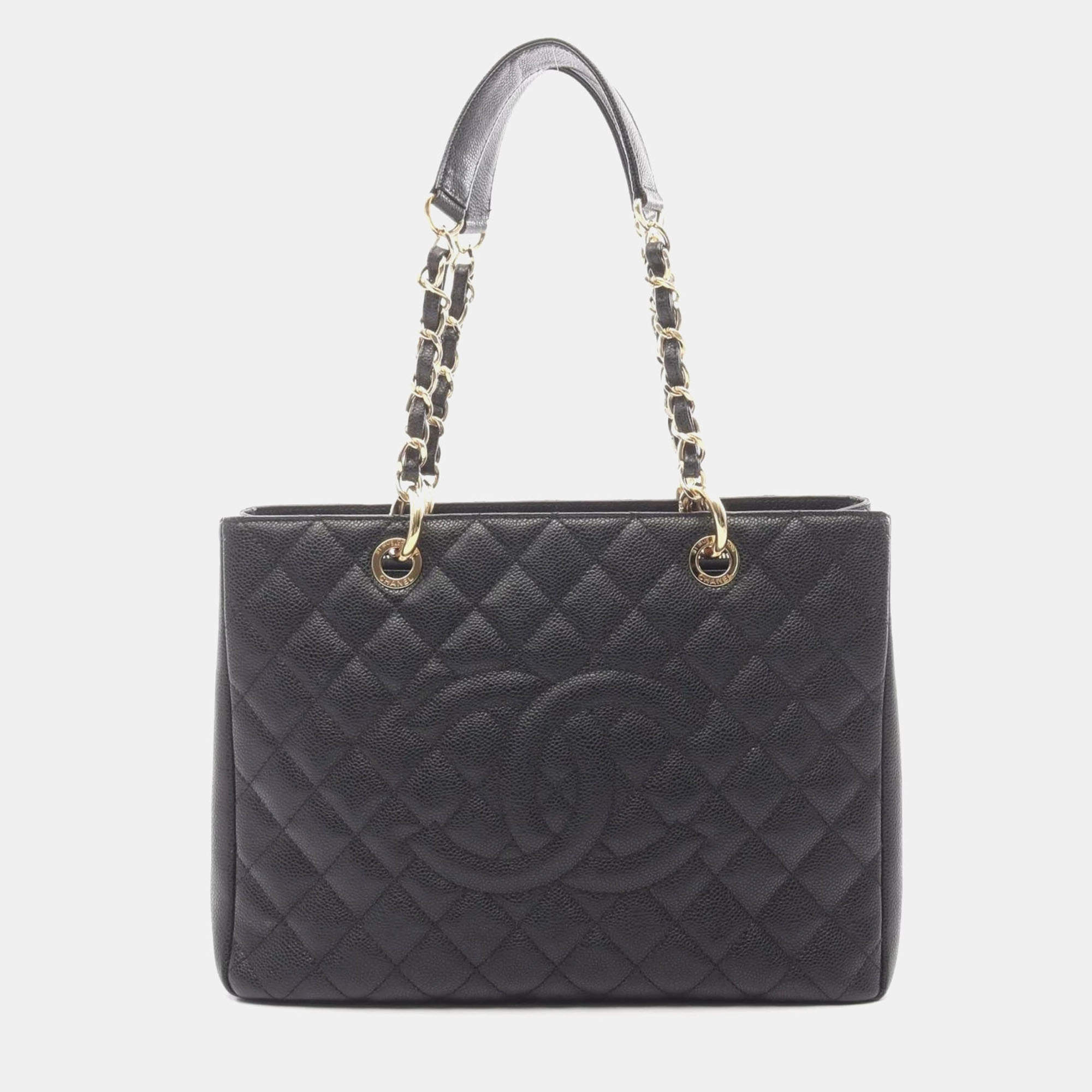 Pre Owned Chanel Matelasse Grand Shopping Gst Tote Bag In Grained Calfskin Caviar Black