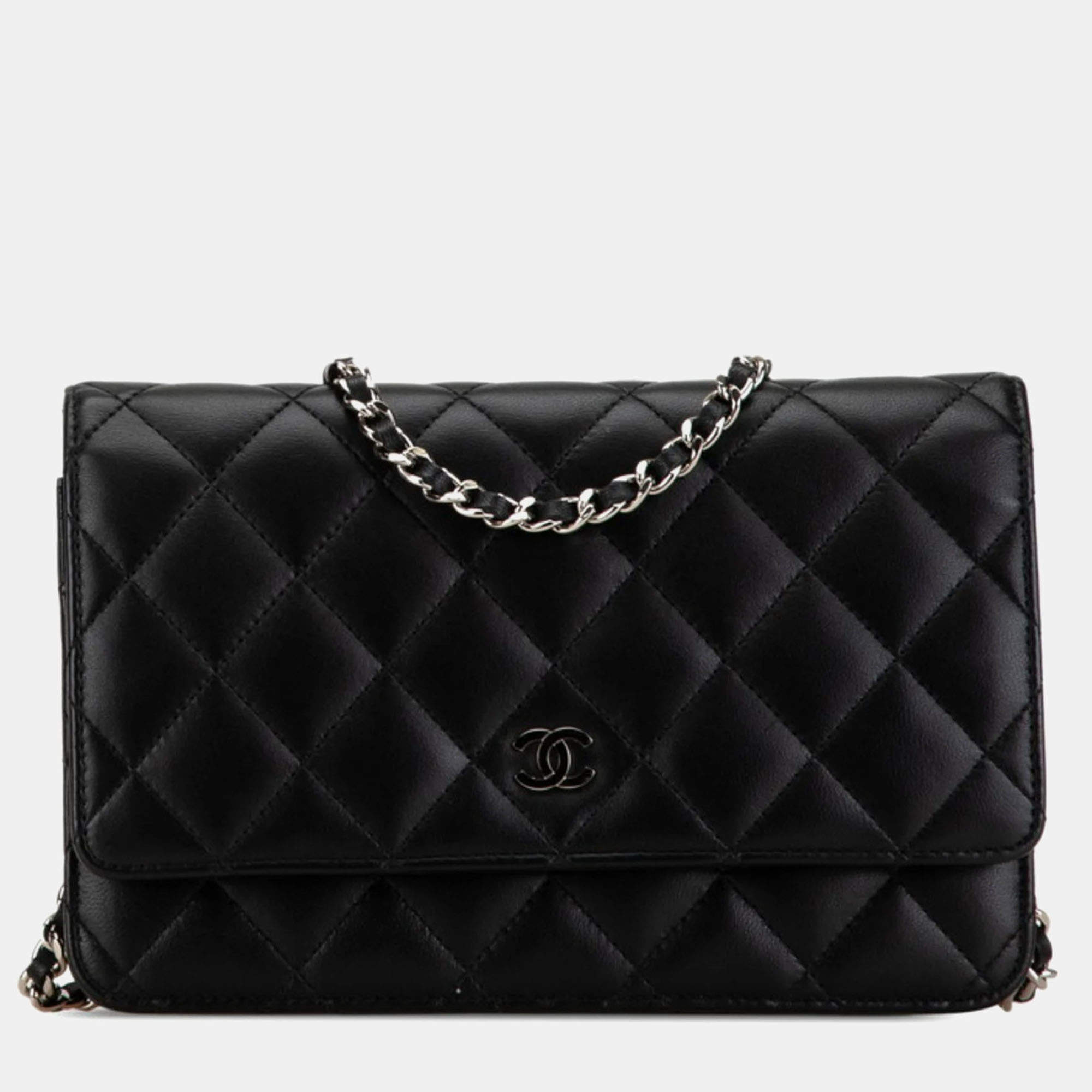 Pre Owned Chanel Matelasse Coco Mark Crossbody Chain Shoulder Wallet In Black Lambskin